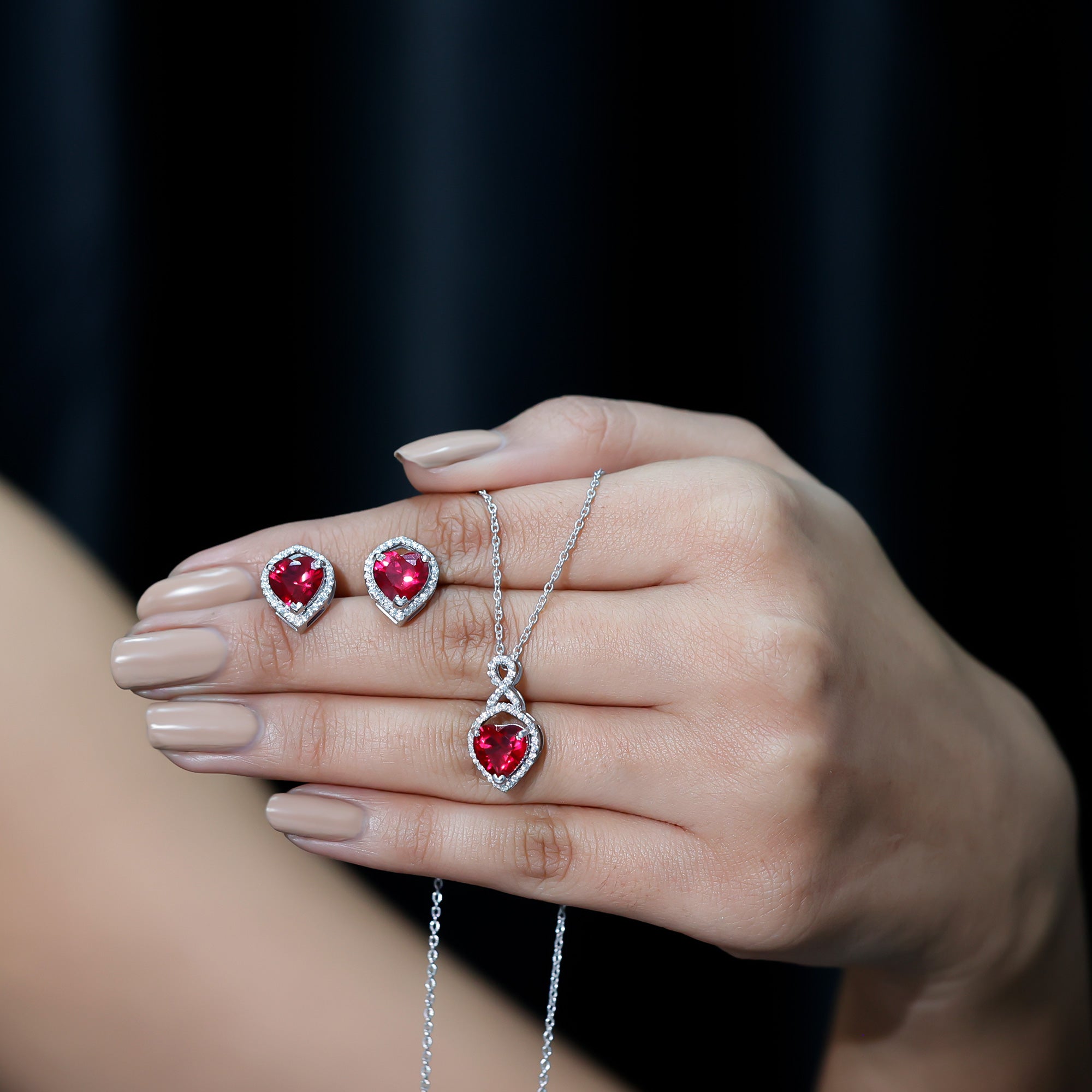 6 Carat Heart Shape Lab Created Ruby Pendant and Earrings Set AAAA - Rosec Jewels