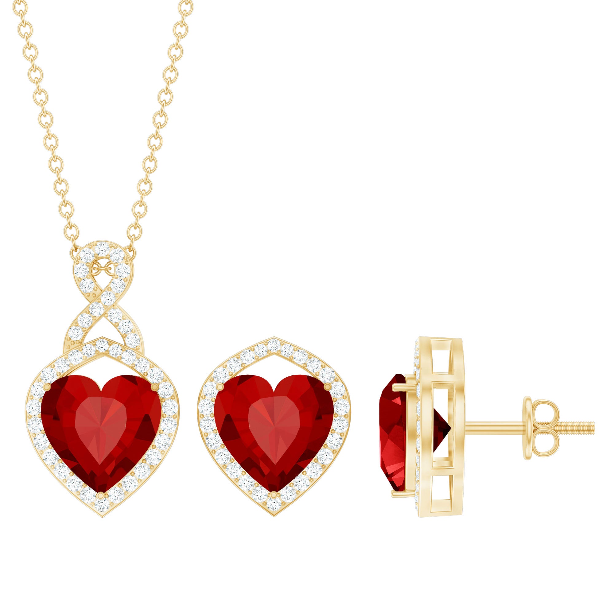 6 Carat Heart Shape Lab Created Ruby Pendant and Earrings Set AAAA - Rosec Jewels