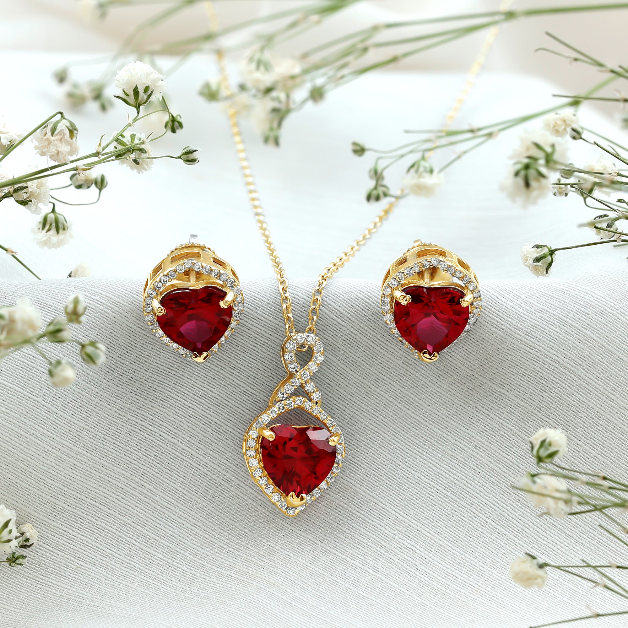 6 Carat Heart Shape Lab Created Ruby Pendant and Earrings Set AAAA - Rosec Jewels