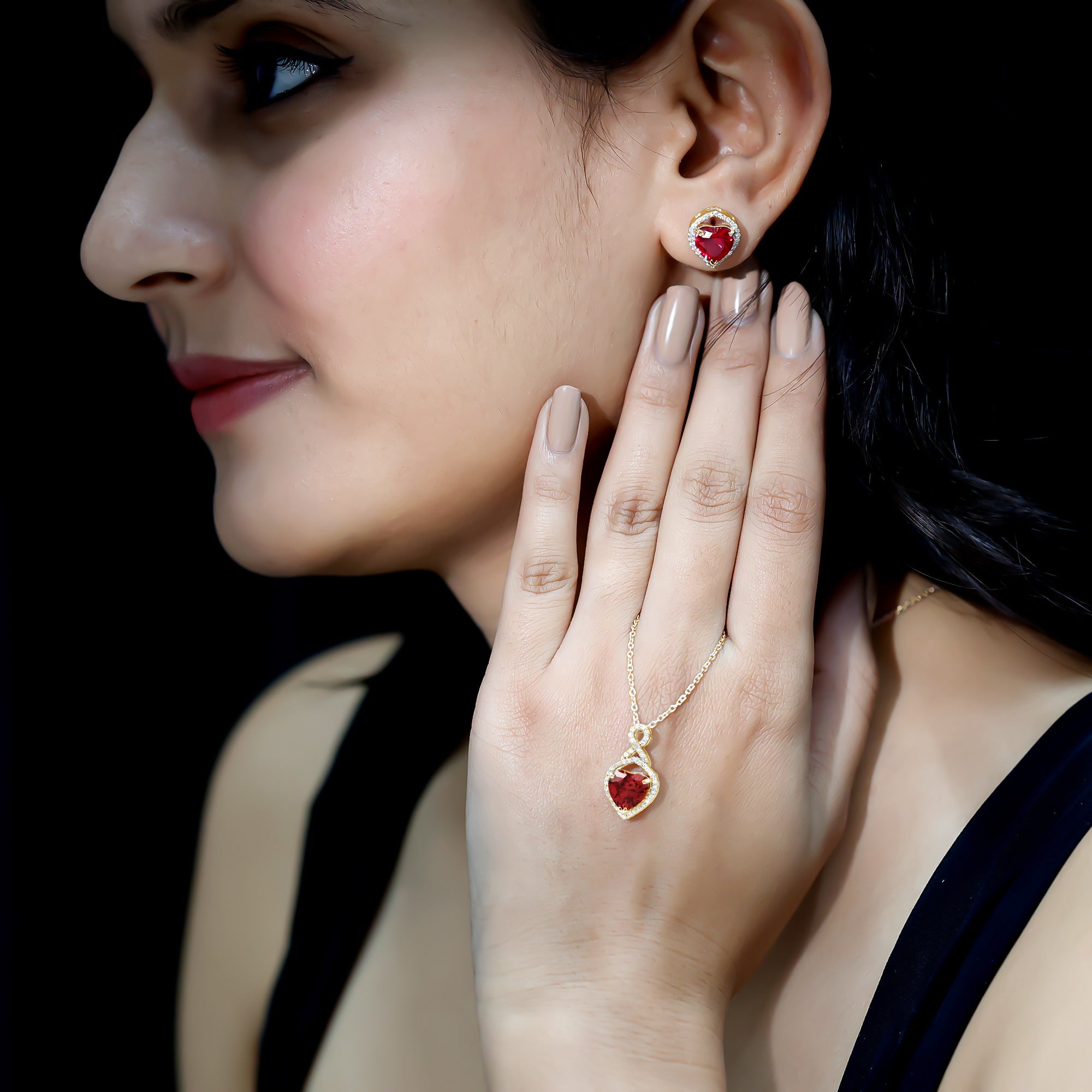 6 Carat Heart Shape Lab Created Ruby Pendant and Earrings Set AAAA - Rosec Jewels