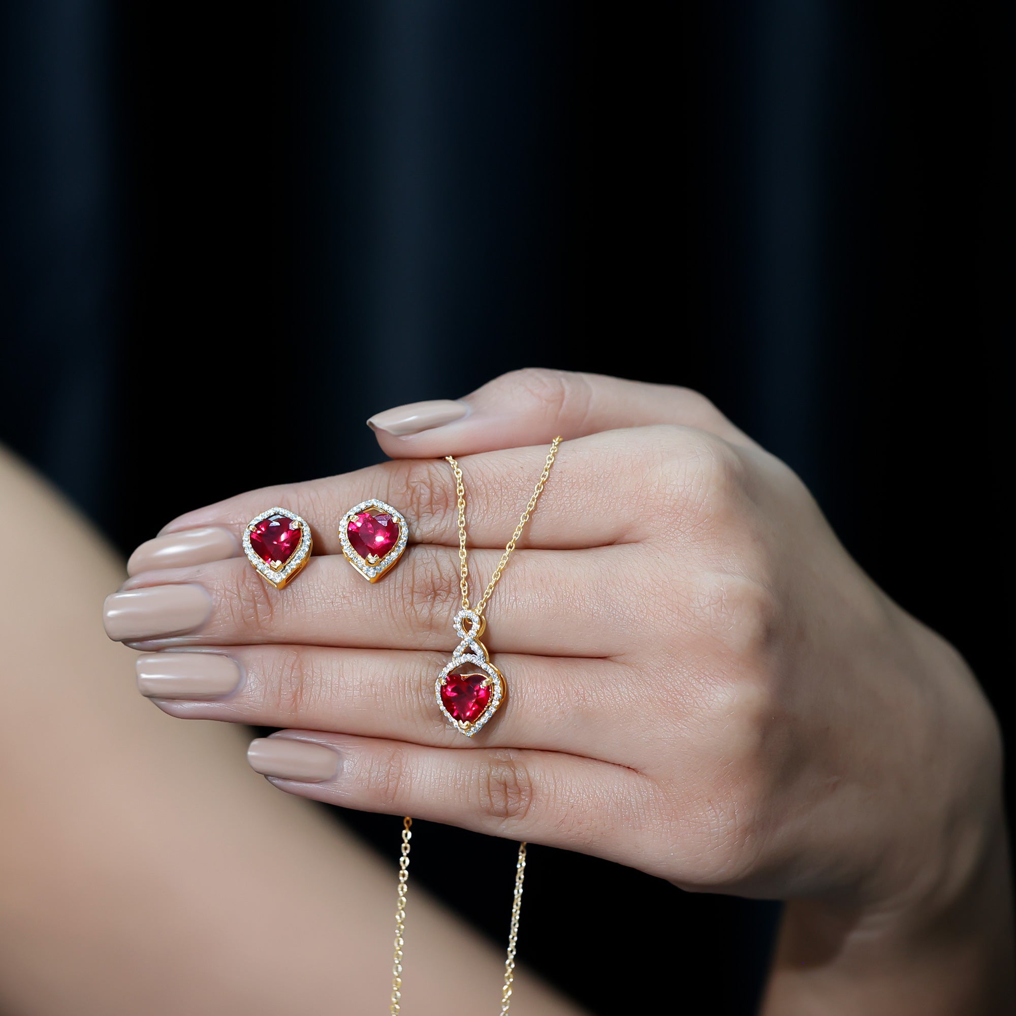 6 Carat Heart Shape Lab Created Ruby Pendant and Earrings Set AAAA - Rosec Jewels
