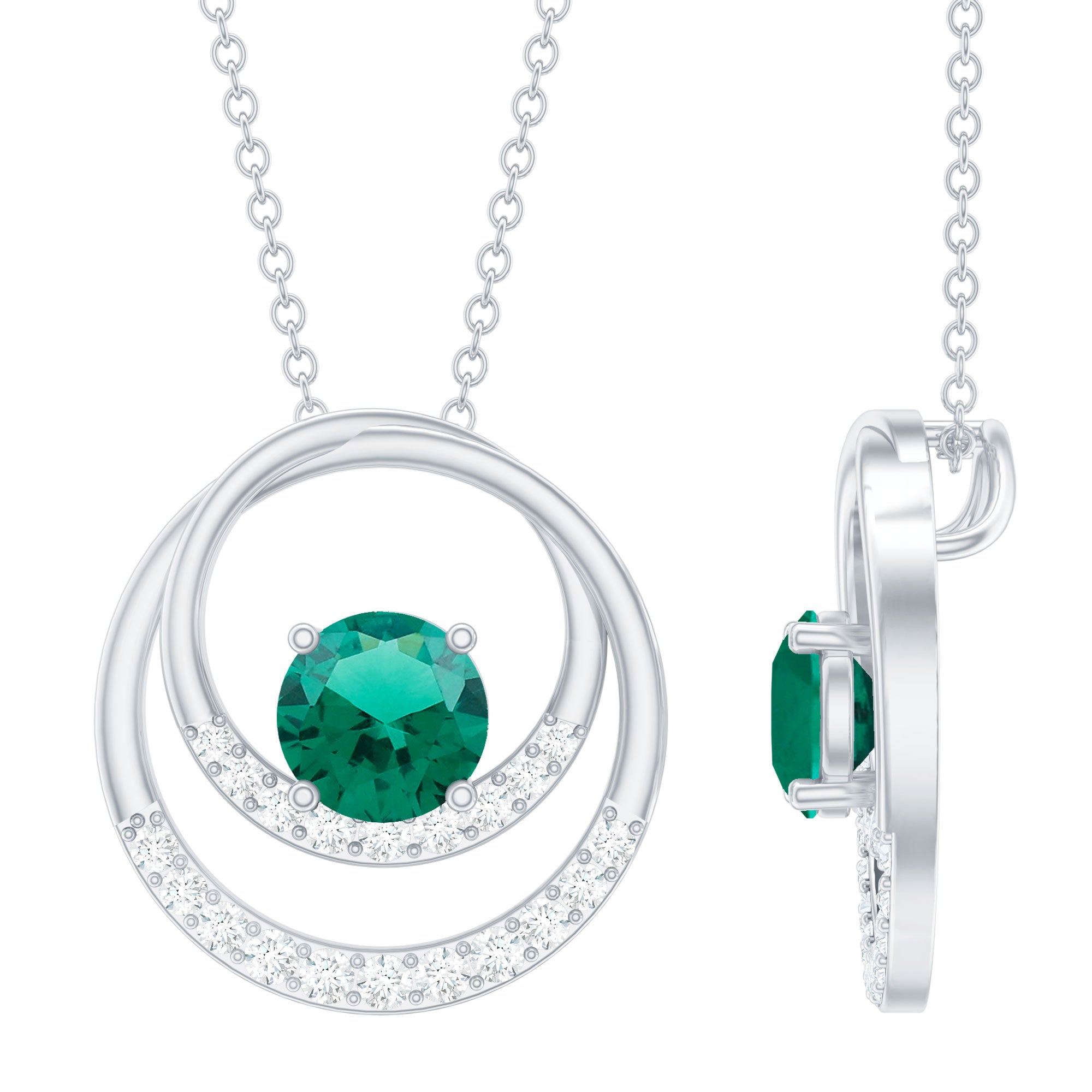 Real Created Emerald and Diamond Open Circle Pendant