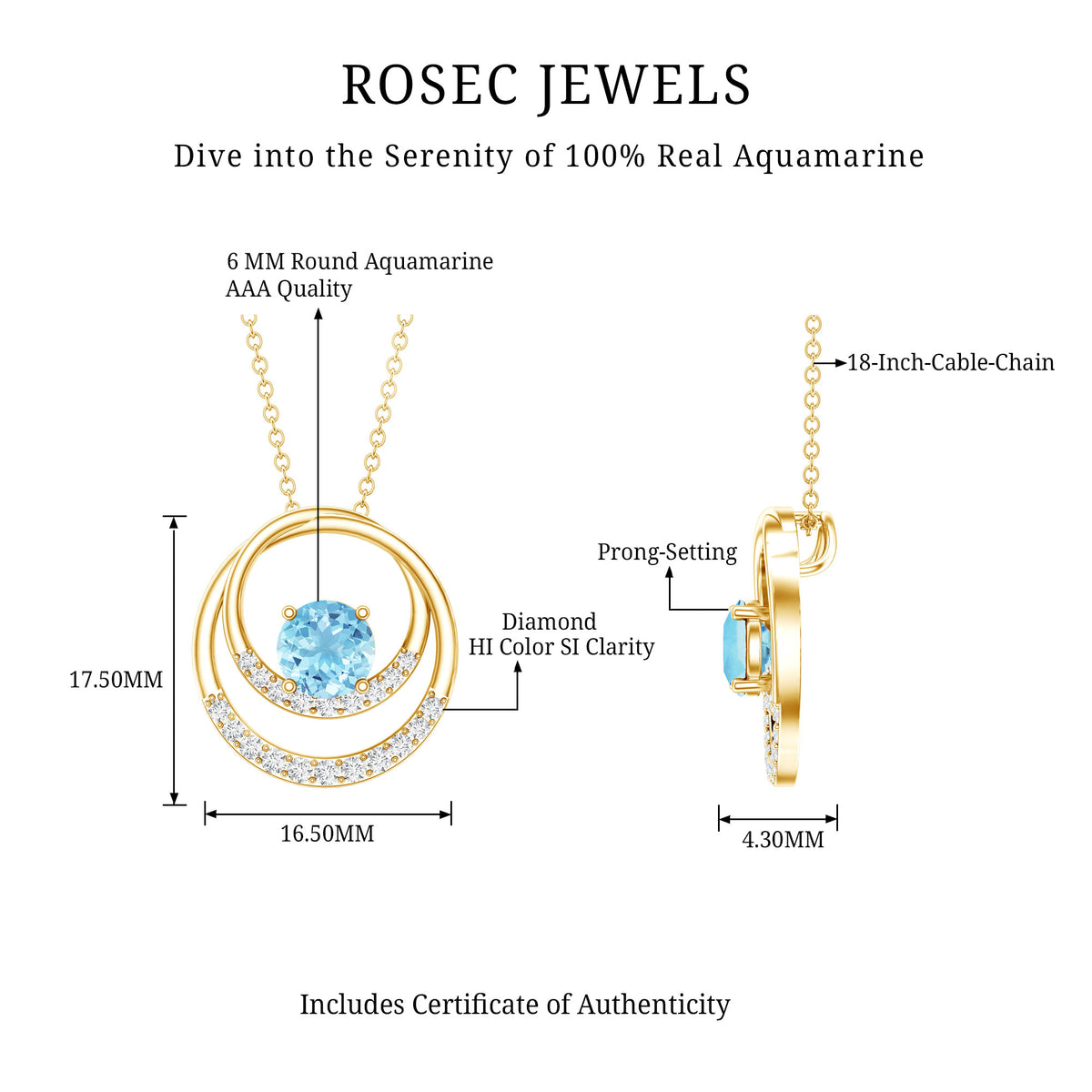 Natural Aquamarine Eternity Circle in Circle Necklace with Diamond AAA - Rosec Jewels