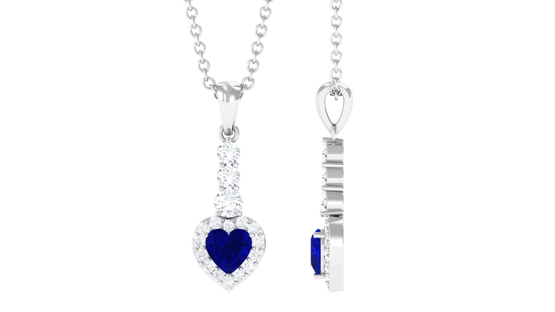 Heart Shape Created Blue Sapphire Drop Pendant Necklace with Diamond