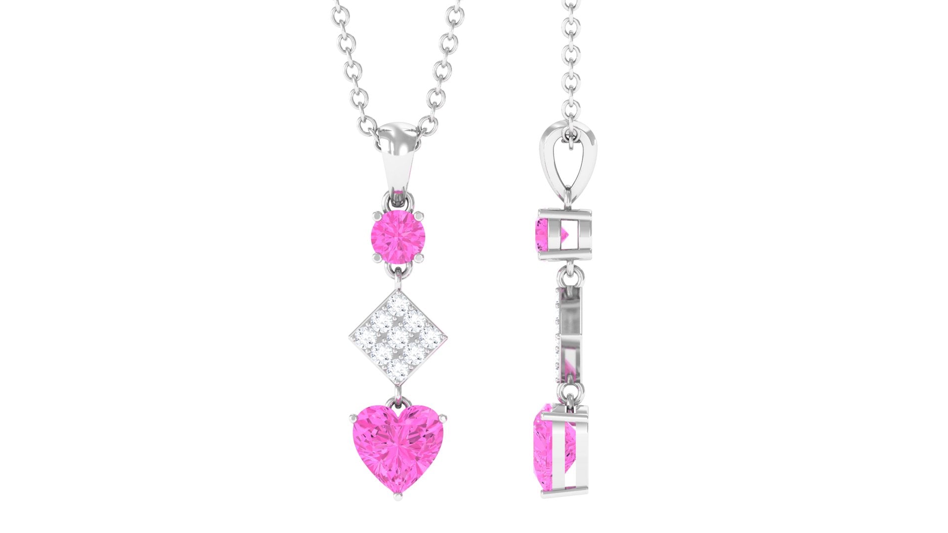 Heart and Round Shape Pink Sapphire and Diamond Dangle Pendant
