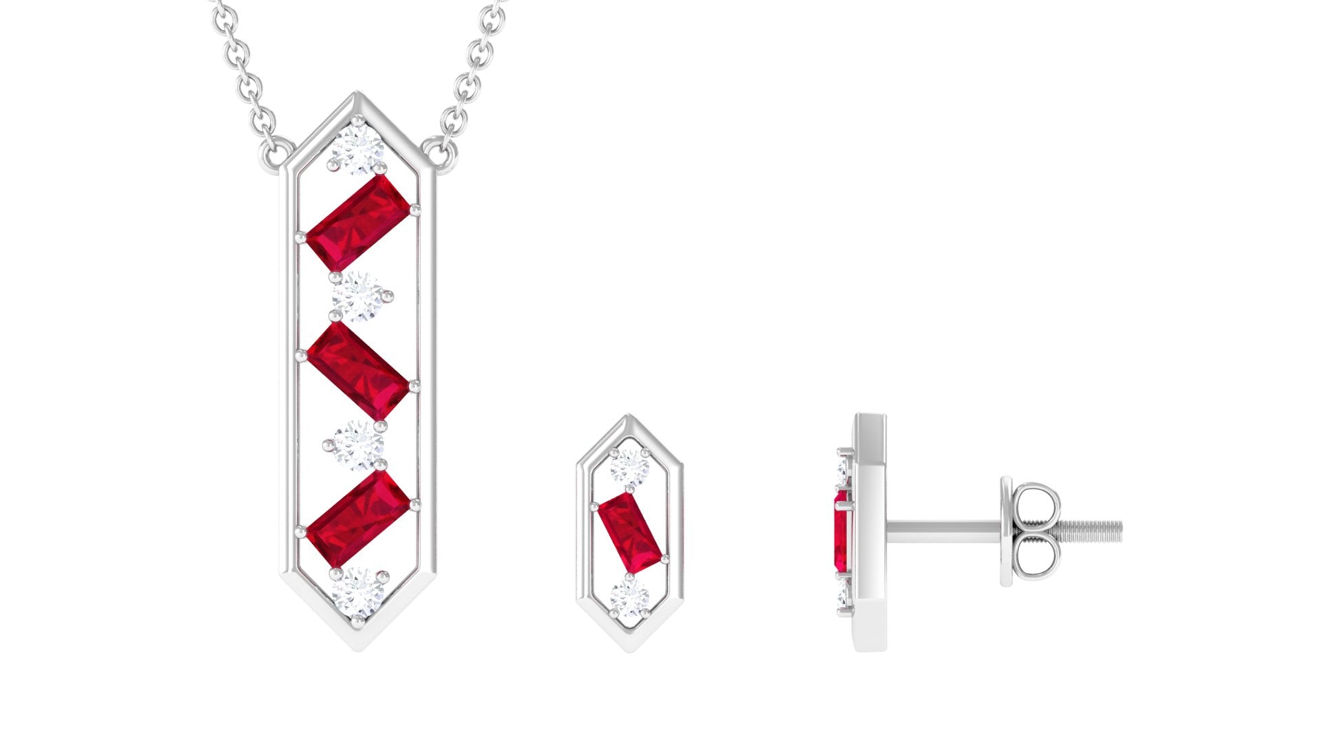 Contemporary Created Ruby and Diamond Dangle Jewelry Set