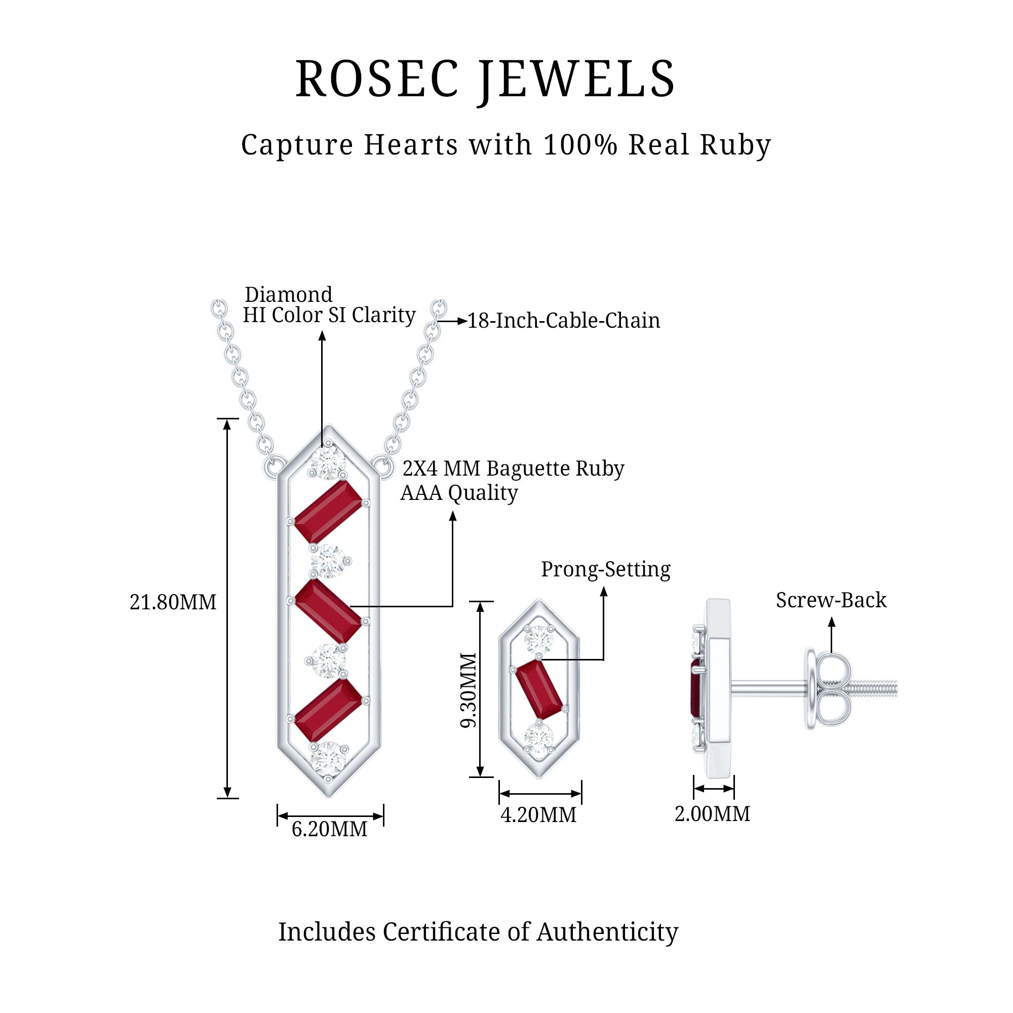 Genuine Ruby and Diamond Dangle jewelry Set AAA - Rosec Jewels