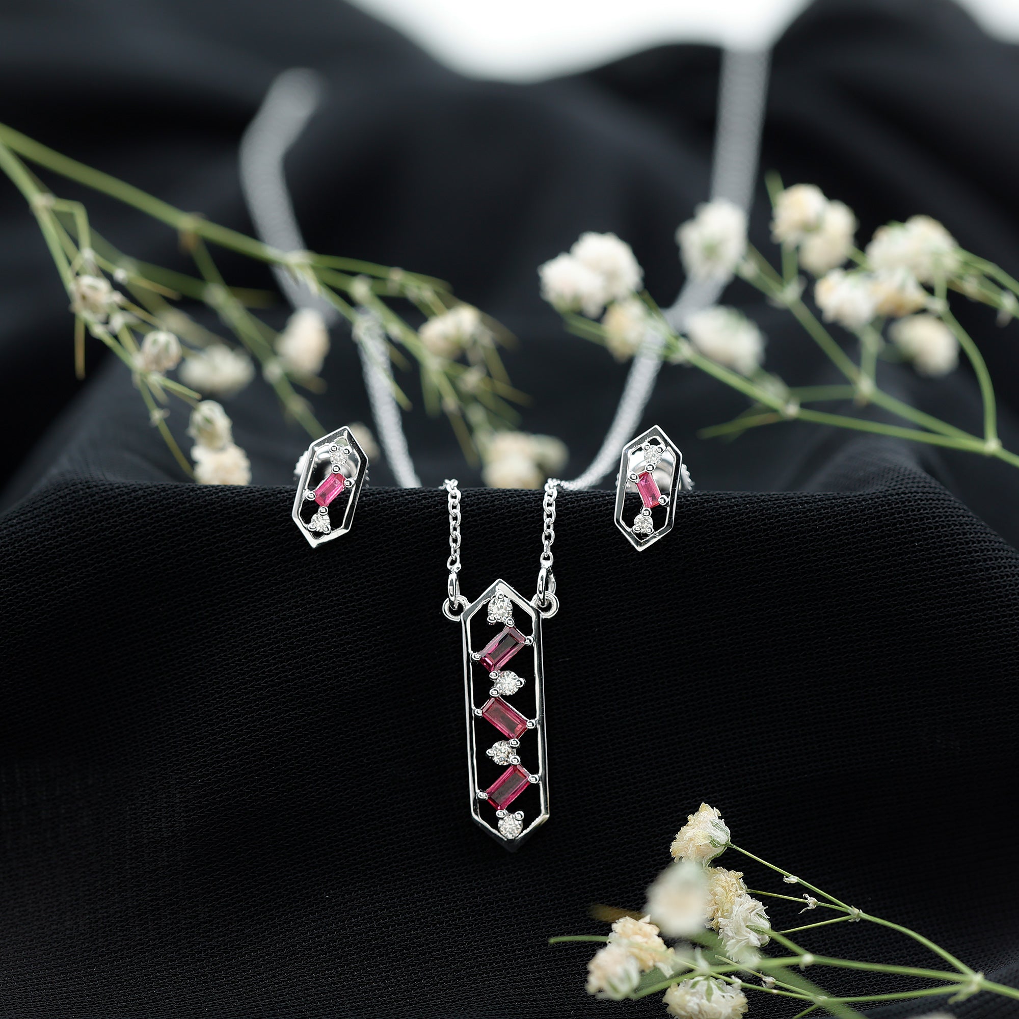 Genuine Ruby and Diamond Dangle jewelry Set AAA - Rosec Jewels