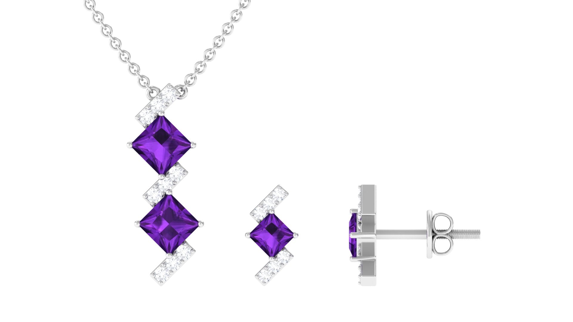 Princess Cut Amethyst Modern Jewelry Set with Diamond