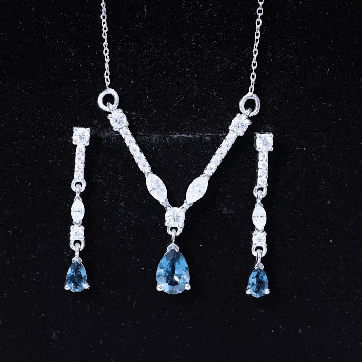 Pear Shape London Blue Topaz and Moissanite Wedding Necklace Earrings Set AAA - Rosec Jewels
