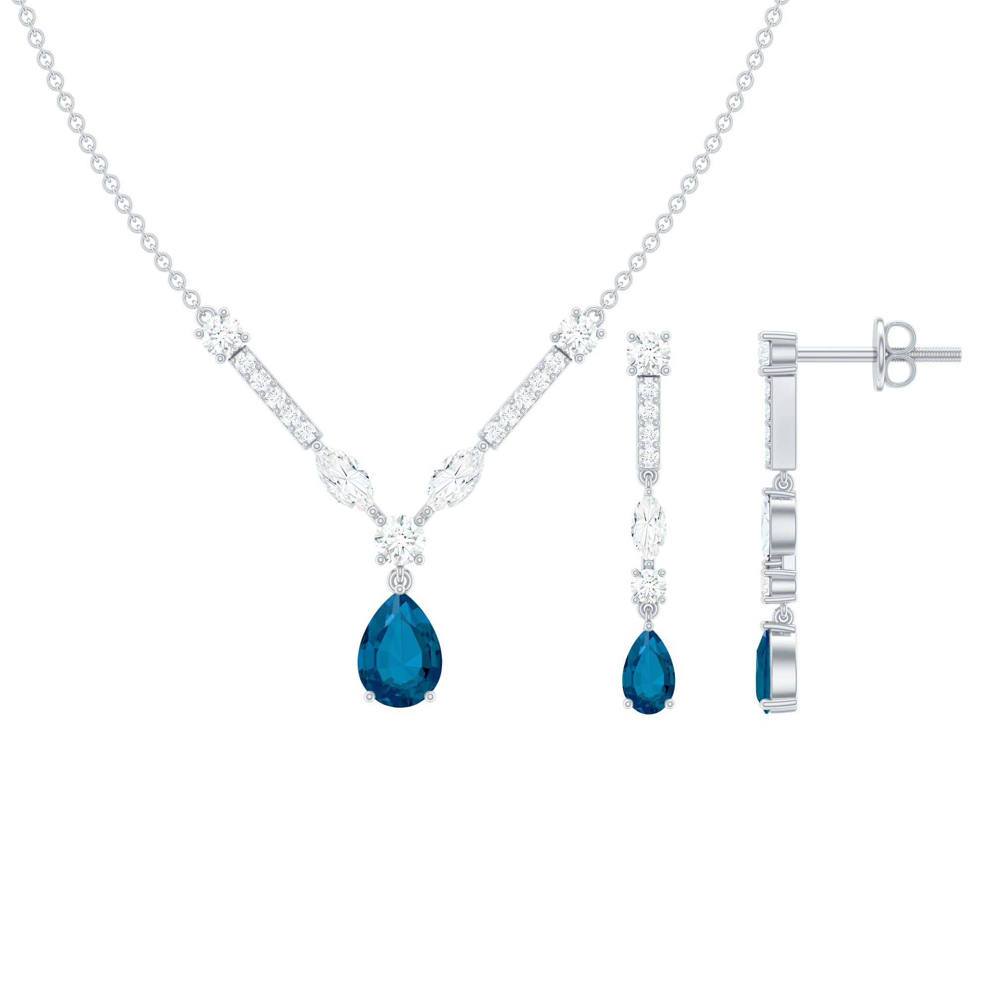 Pear Shape London Blue Topaz and Moissanite Wedding Necklace Earrings Set AAA - Rosec Jewels