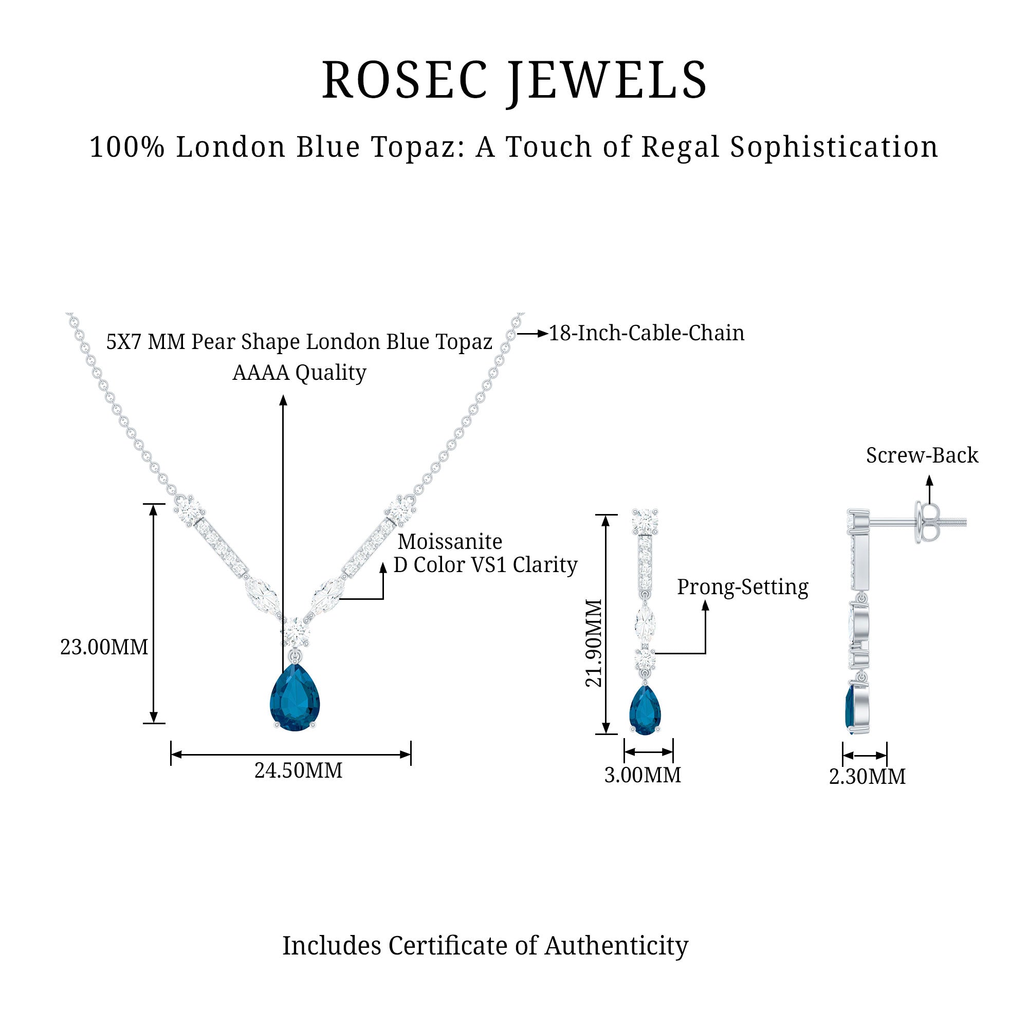 Pear Shape London Blue Topaz and Moissanite Wedding Necklace Earrings Set AAA - Rosec Jewels