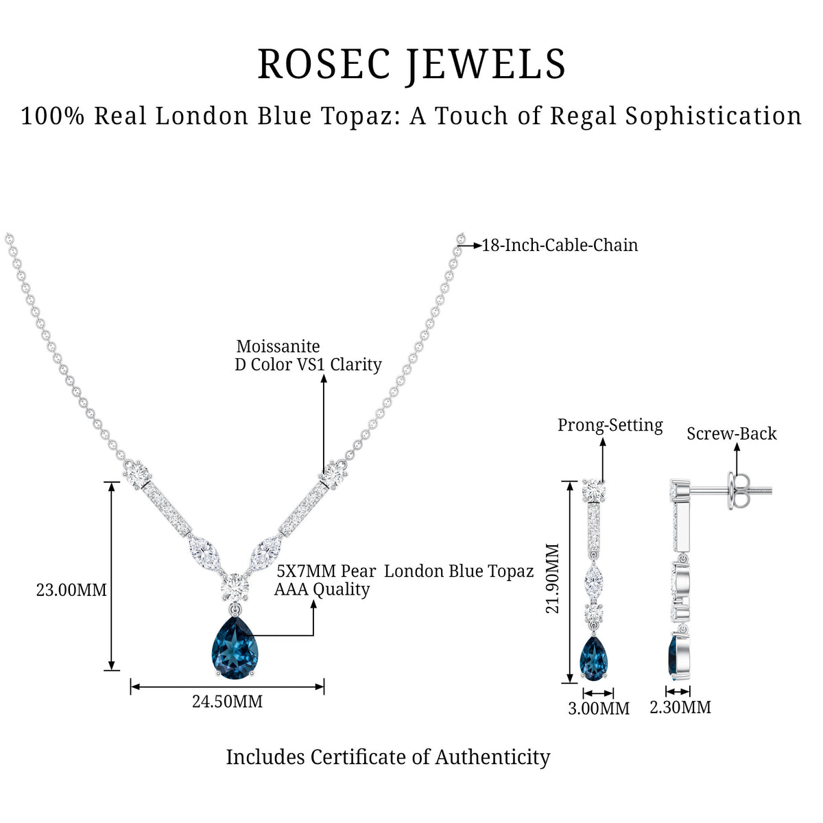 Pear Shape London Blue Topaz and Moissanite Wedding Necklace Earrings Set AAA - Rosec Jewels