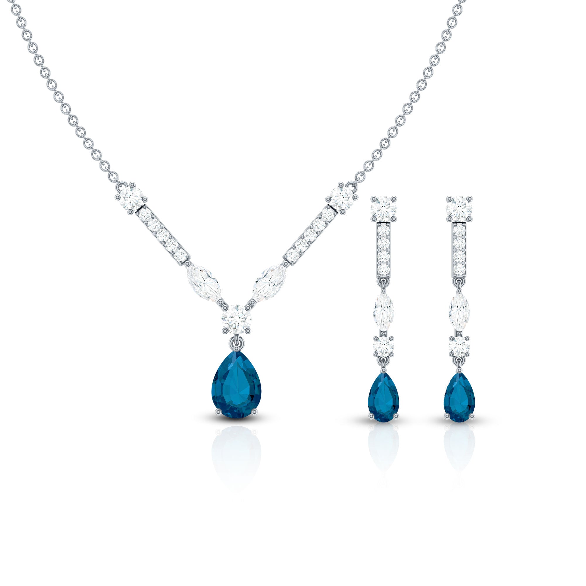 Pear Shape London Blue Topaz and Moissanite Wedding Necklace Earrings Set AAA - Rosec Jewels