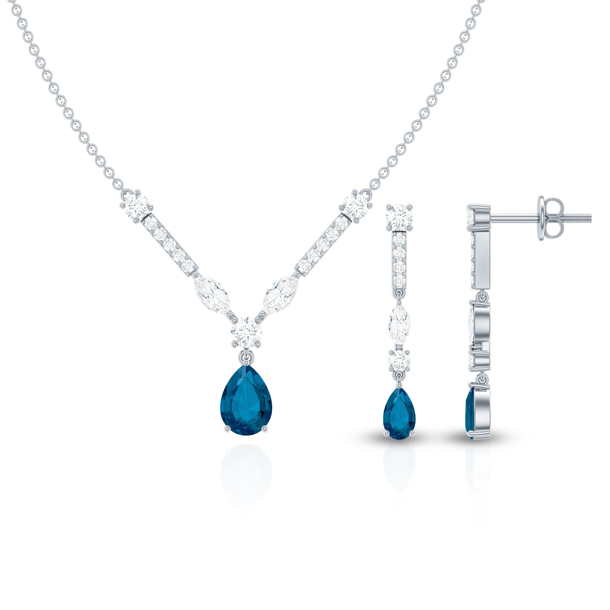 Pear Shape London Blue Topaz and Moissanite Wedding Necklace Earrings Set AAA - Rosec Jewels