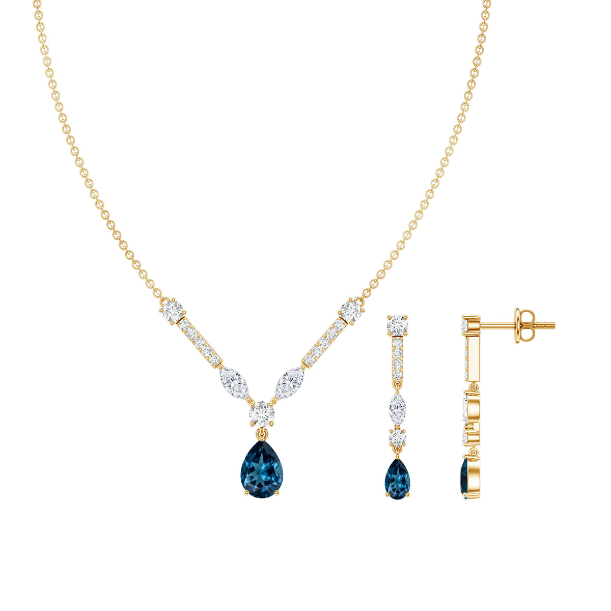 Pear Shape London Blue Topaz and Moissanite Wedding Necklace Earrings Set AAA - Rosec Jewels