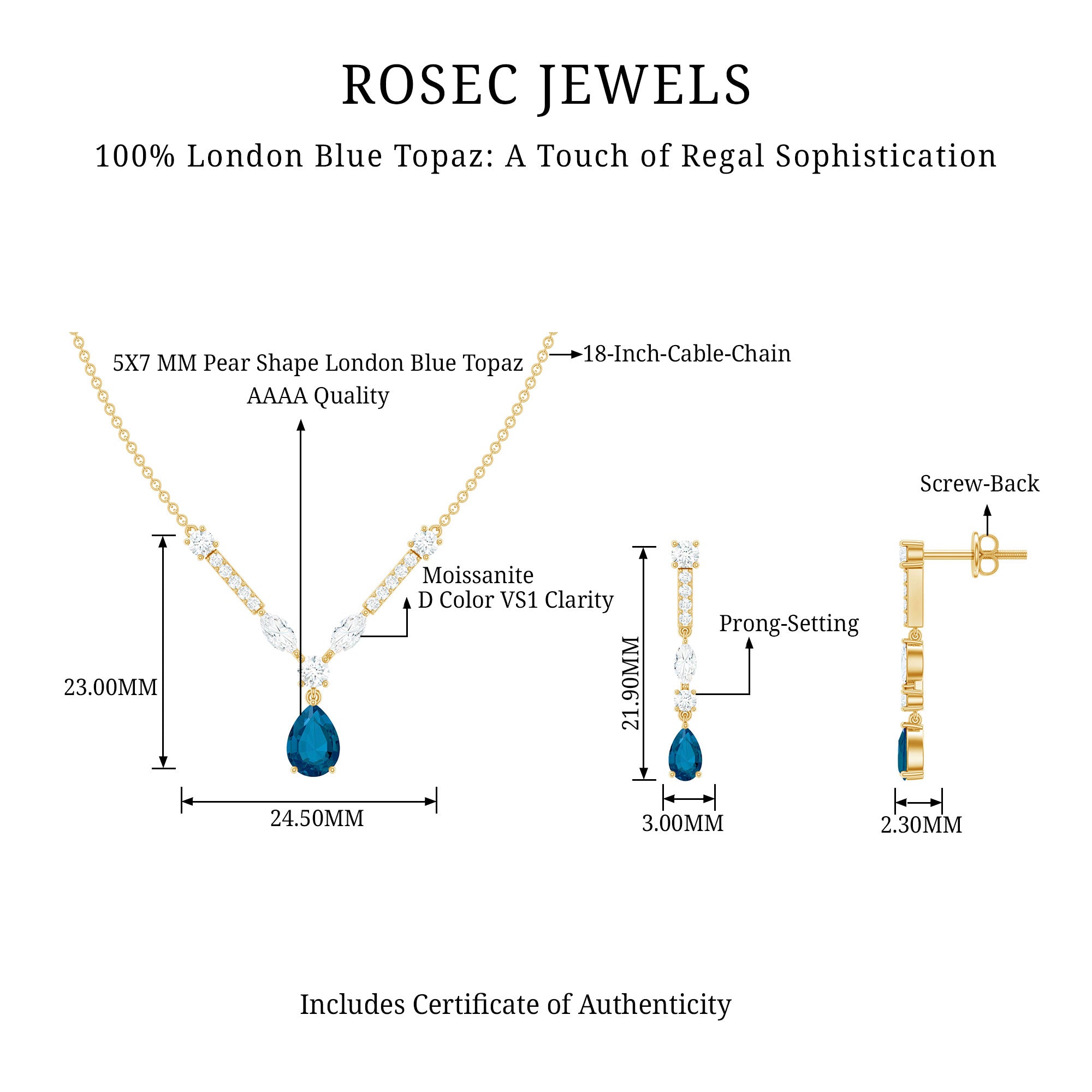 Pear Shape London Blue Topaz and Moissanite Wedding Necklace Earrings Set AAA - Rosec Jewels
