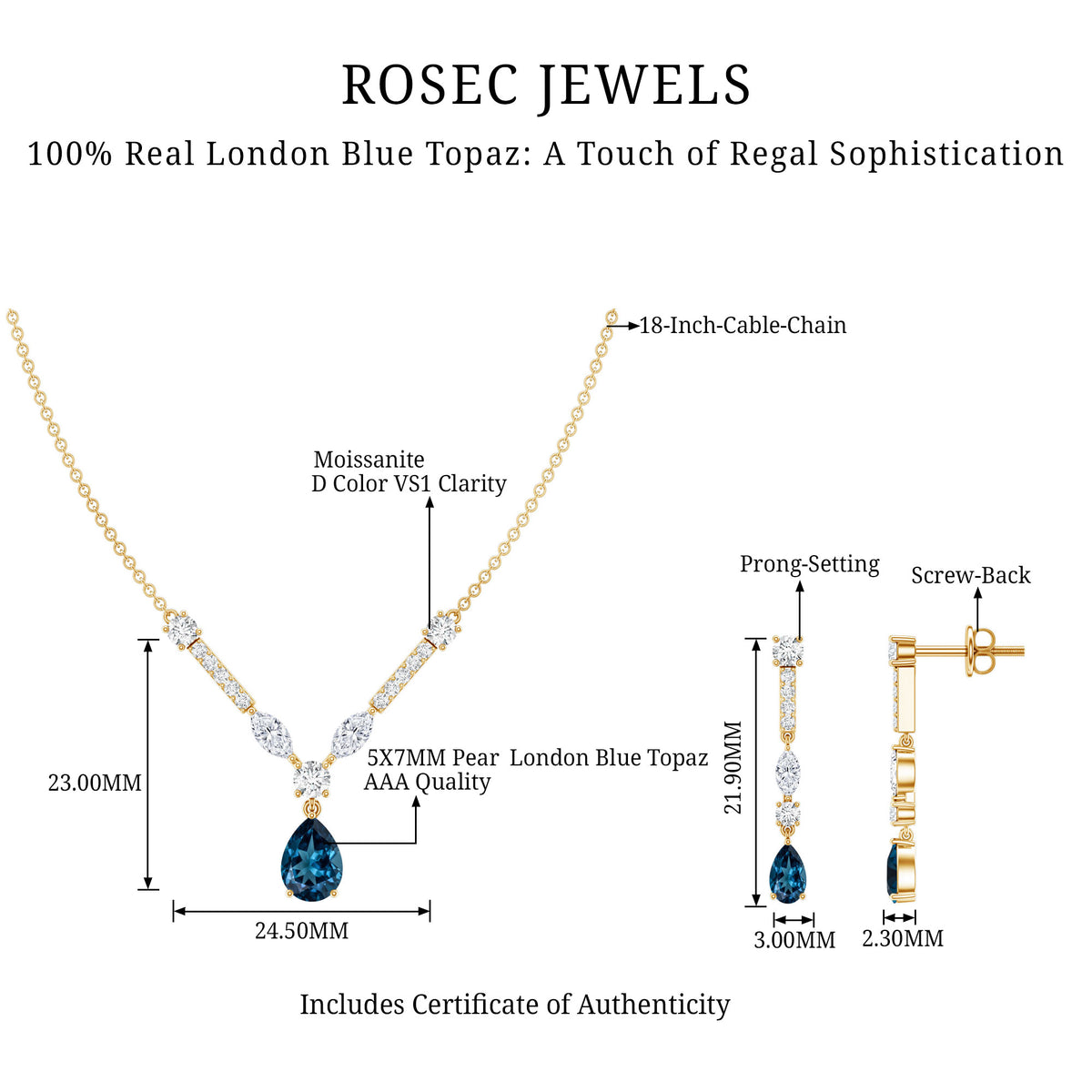 Pear Shape London Blue Topaz and Moissanite Wedding Necklace Earrings Set AAA - Rosec Jewels