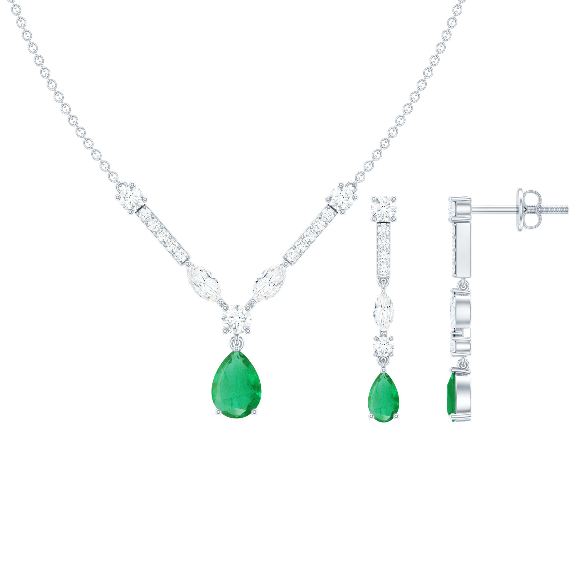Emerald and Moissanite Drop Necklace Earrings Set