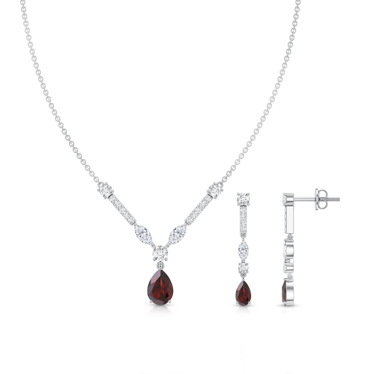 Garnet Drop & Dangle Necklace and Earrings Set with Moissanite AAA - Rosec Jewels