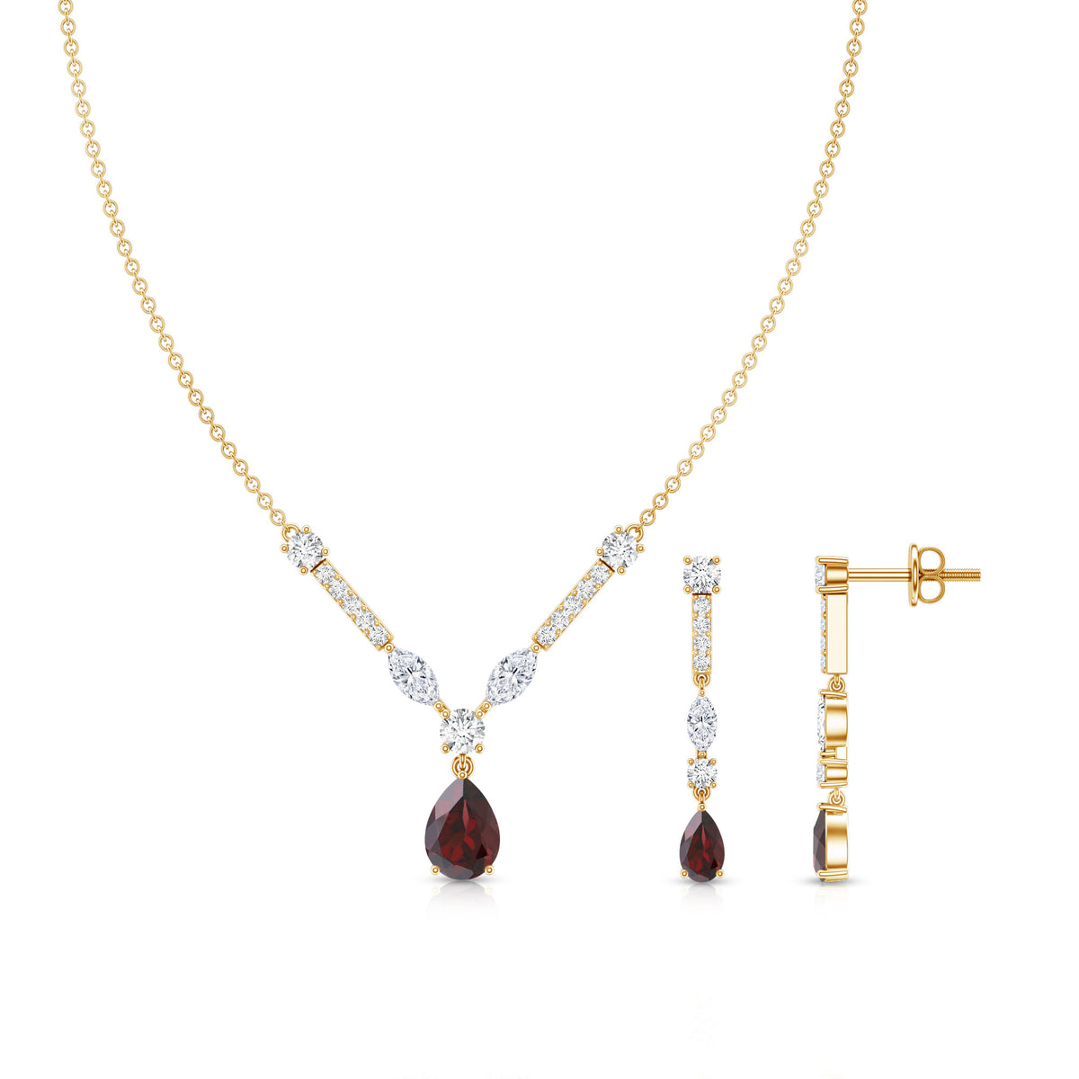 Garnet Drop & Dangle Necklace and Earrings Set with Moissanite AAA - Rosec Jewels