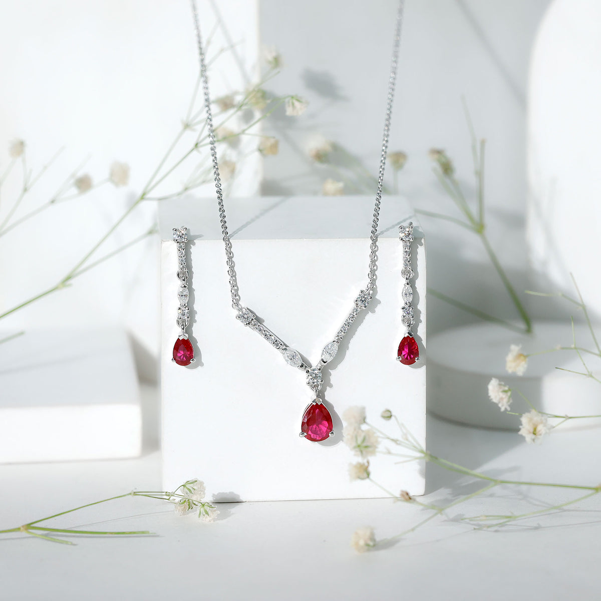 Lab Created Ruby and Moissanite Teardrop Necklace Earrings Set AAAA - Rosec Jewels