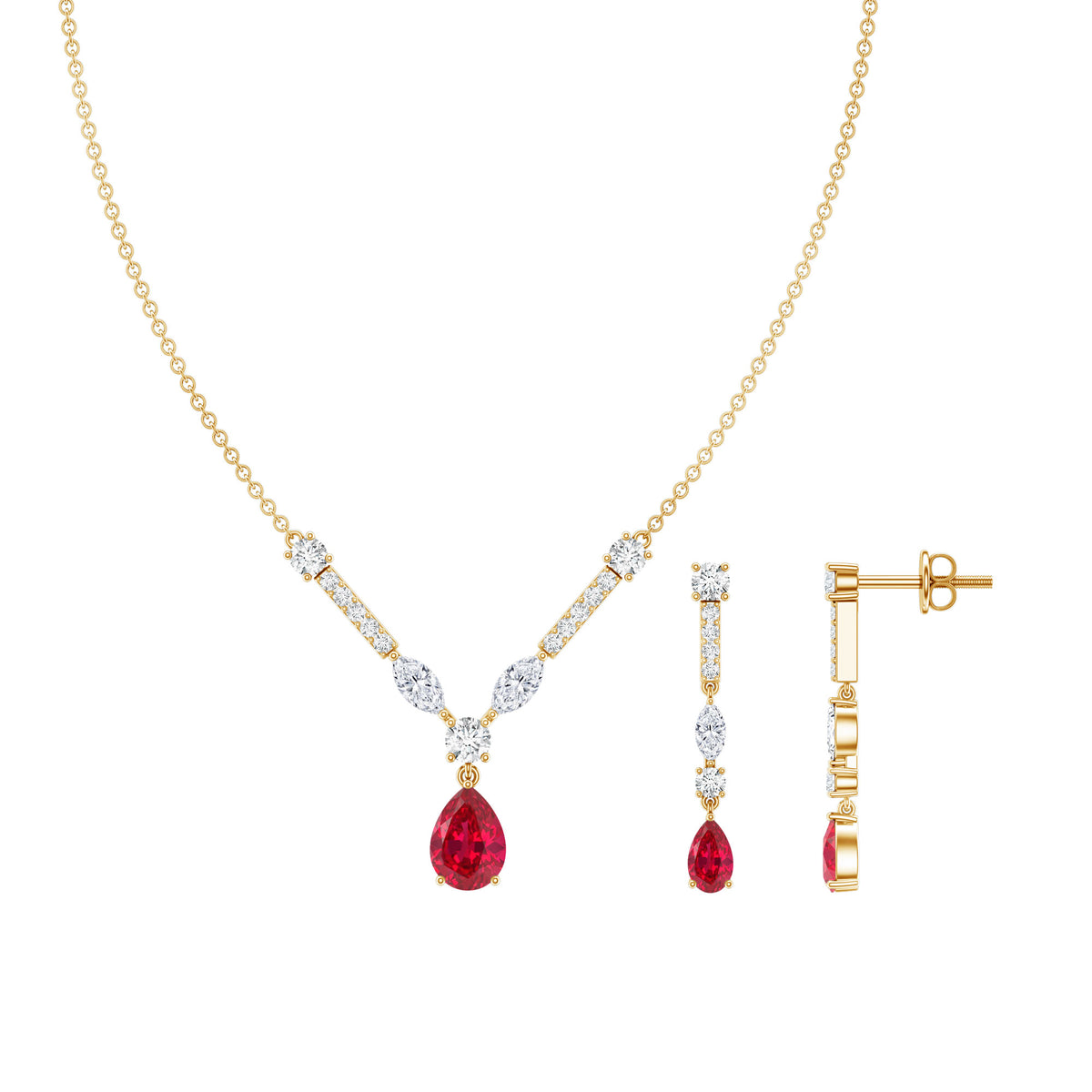 Lab Created Ruby and Moissanite Teardrop Necklace Earrings Set AAAA - Rosec Jewels