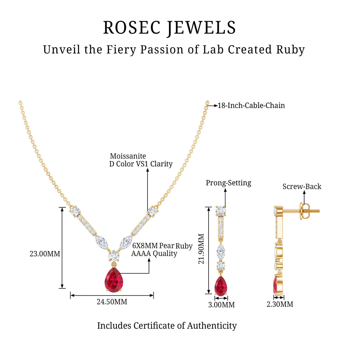 Lab Created Ruby and Moissanite Teardrop Necklace Earrings Set AAAA - Rosec Jewels