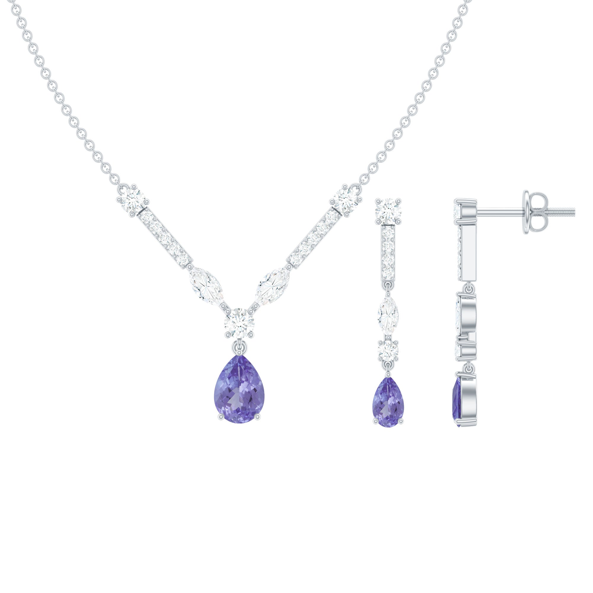 Tanzanite and Moissanite Drop Necklace Earrings Set
