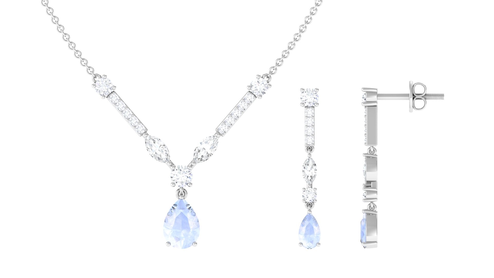 Pear Shape Moonstone and Moissanite Drop Necklace and Earrings