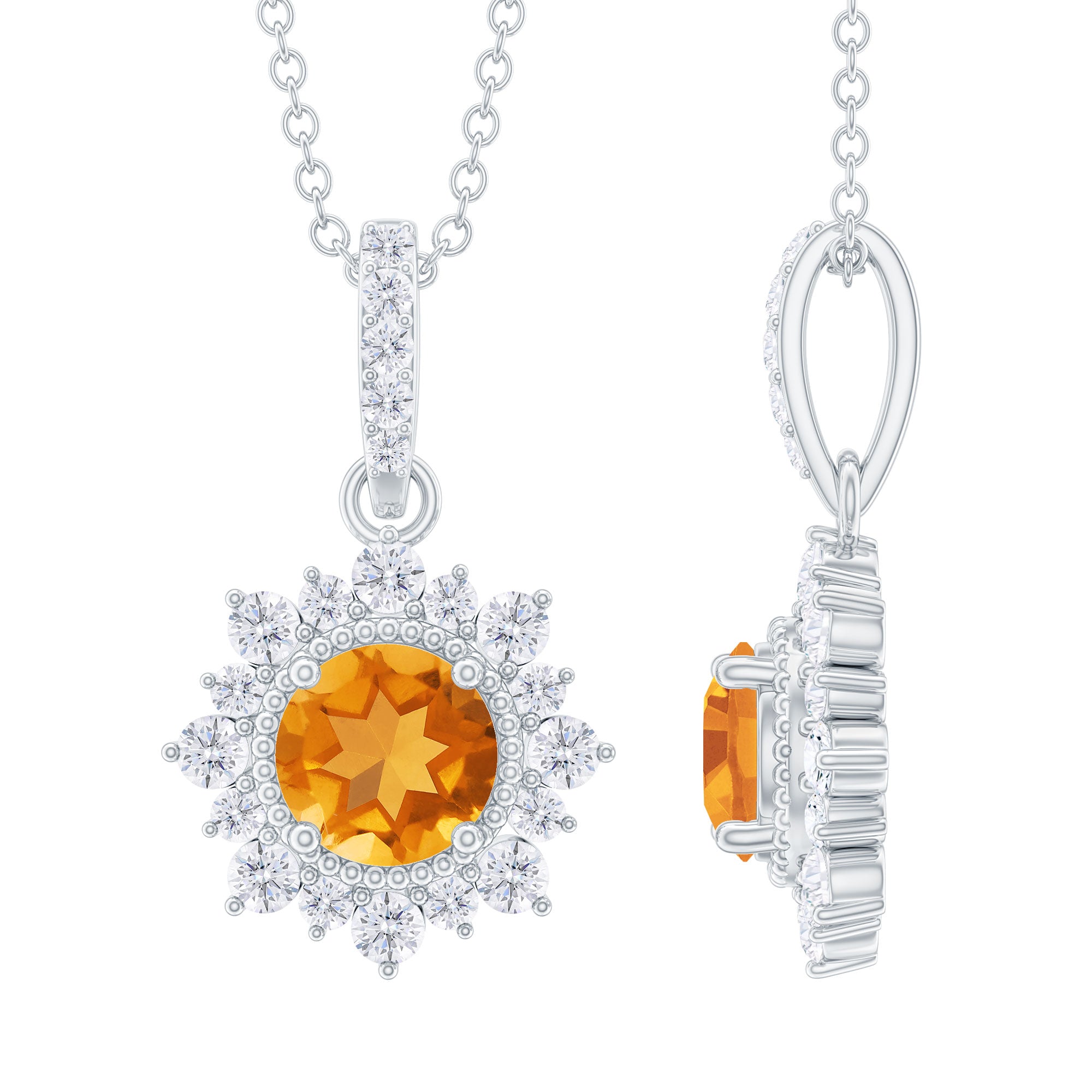 Round Citrine Halo Pendant with Diamond Accent Bail