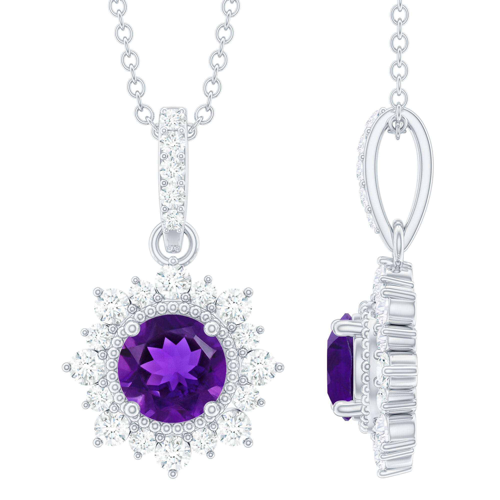 Round Amethyst Halo Pendant with Diamond Accent Bail