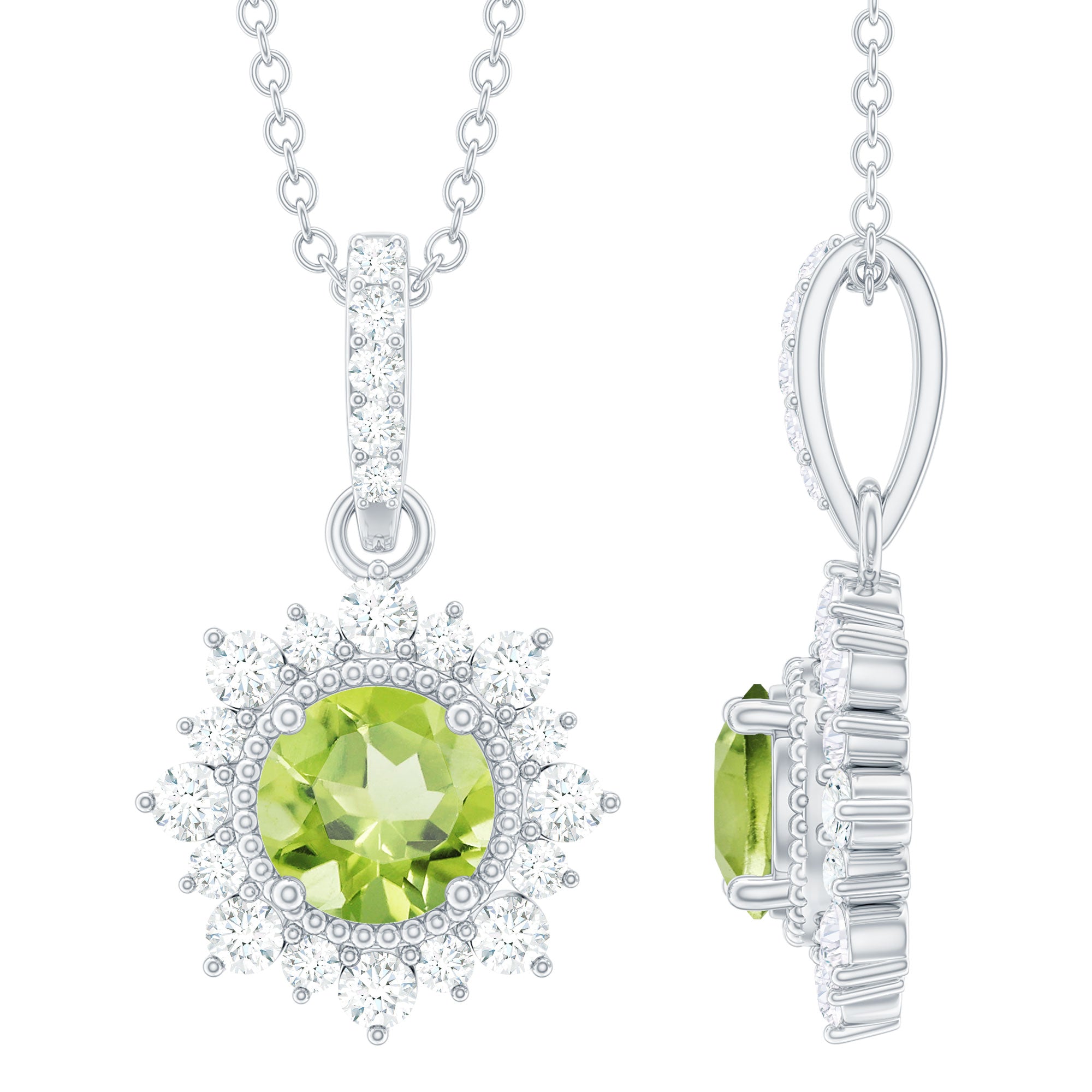 Round Peridot Halo Pendant with Diamond Accent Bail