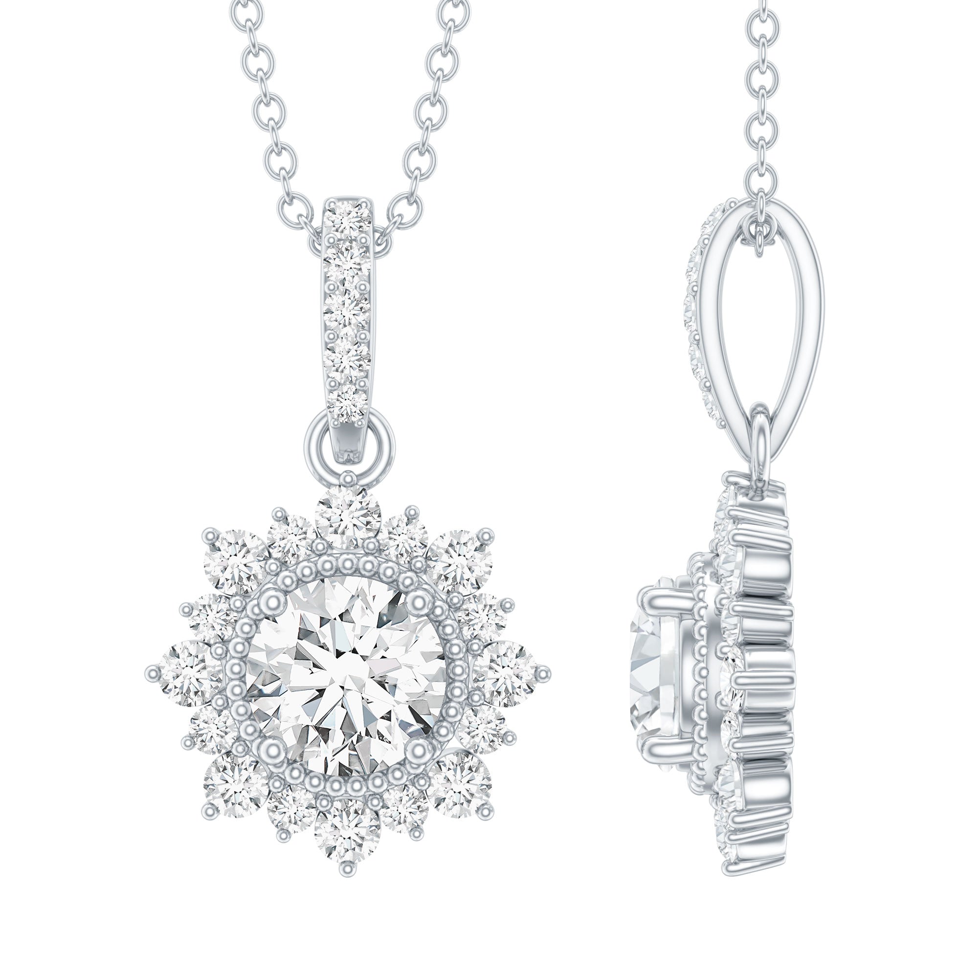 Round Moissanite Halo Necklace with Beaded Detailing D-VS1 - Rosec Jewels