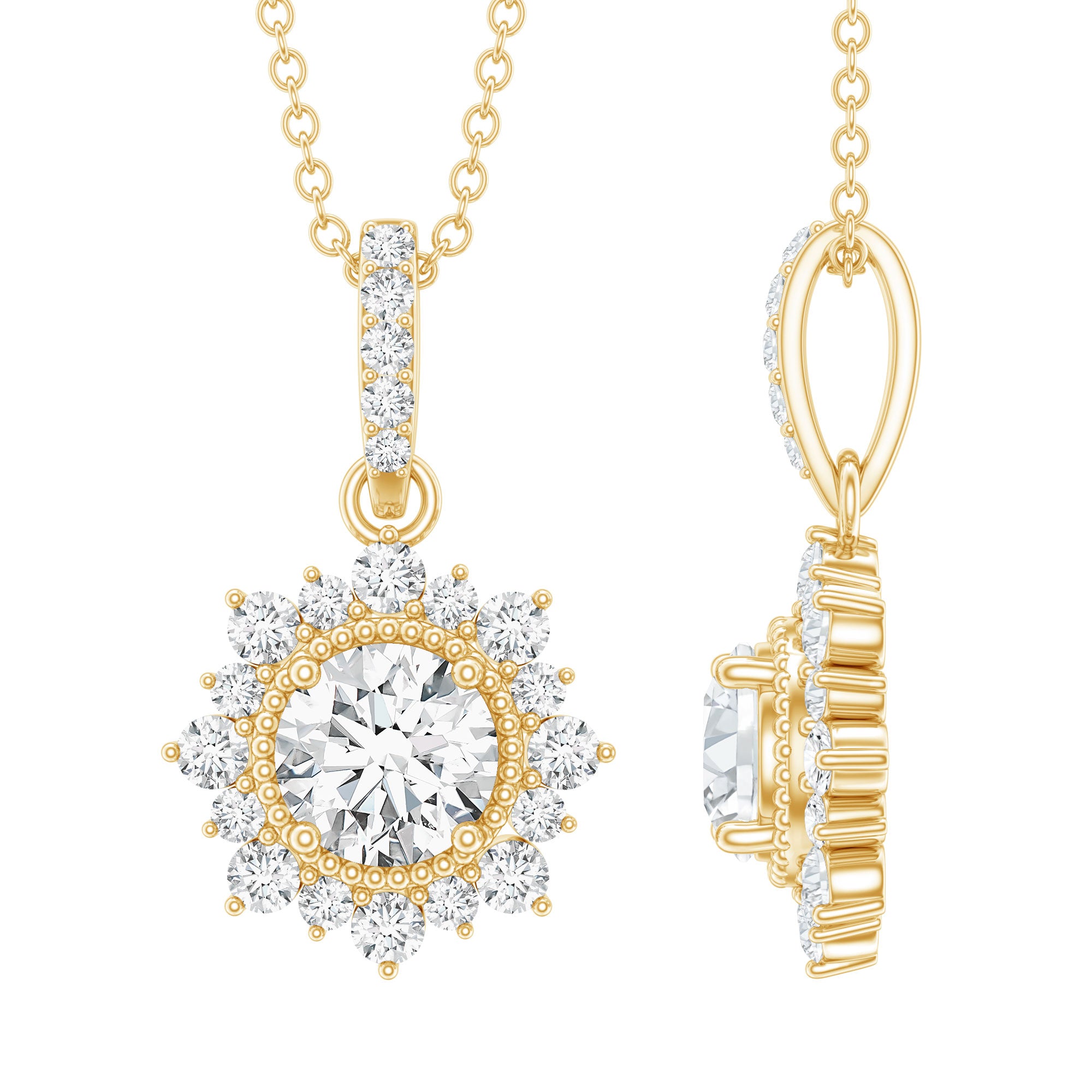 Round Moissanite Halo Necklace with Beaded Detailing D-VS1 - Rosec Jewels