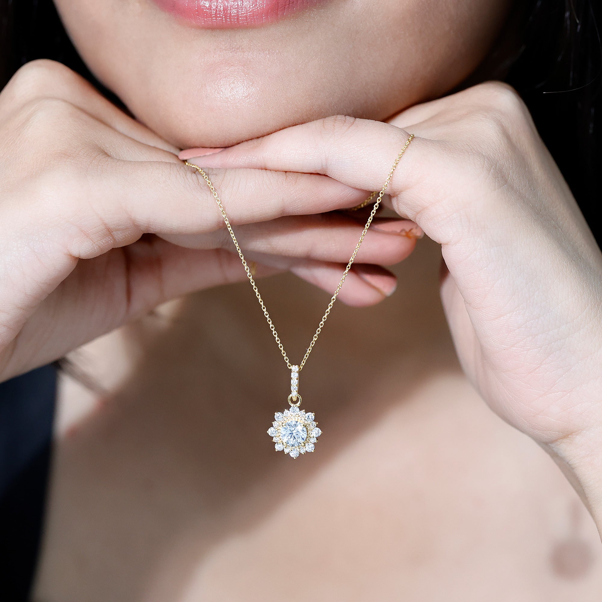 Round Moissanite Halo Necklace with Beaded Detailing D-VS1 - Rosec Jewels