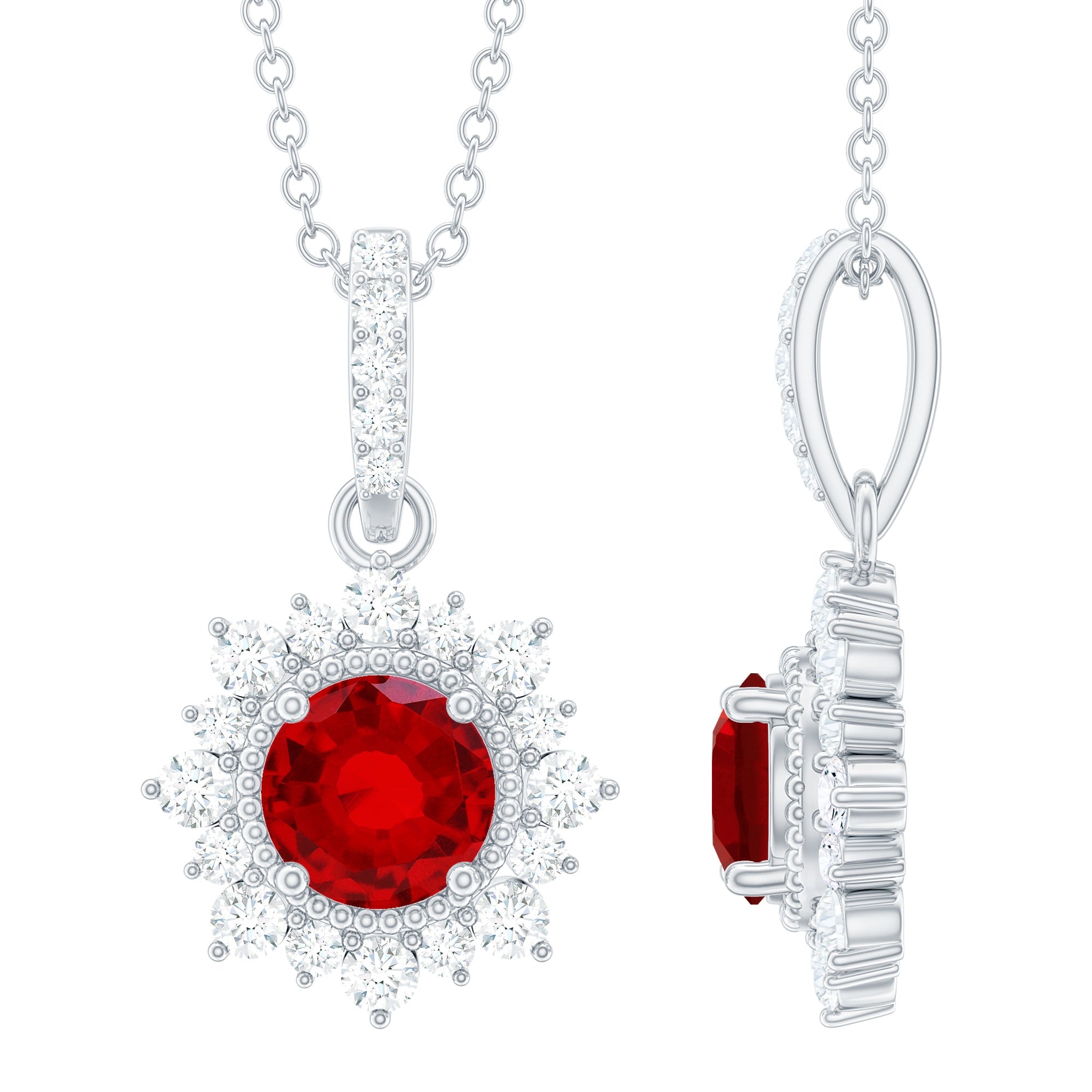 Round Created Ruby Halo Pendant with Diamond Accent Bail