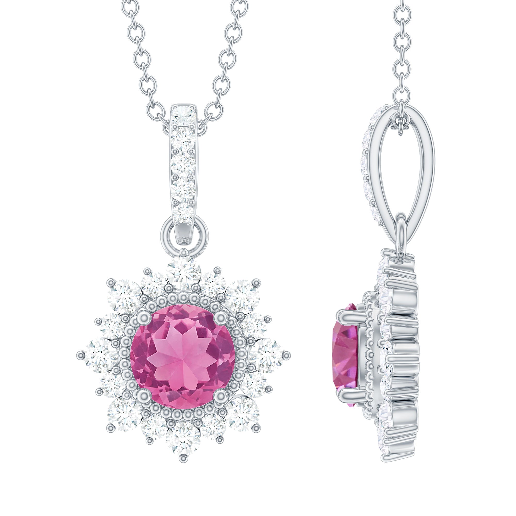 Natural 1.2 Carat Round Pink Tourmaline and Diamond Halo Pendant AAA - Rosec Jewels