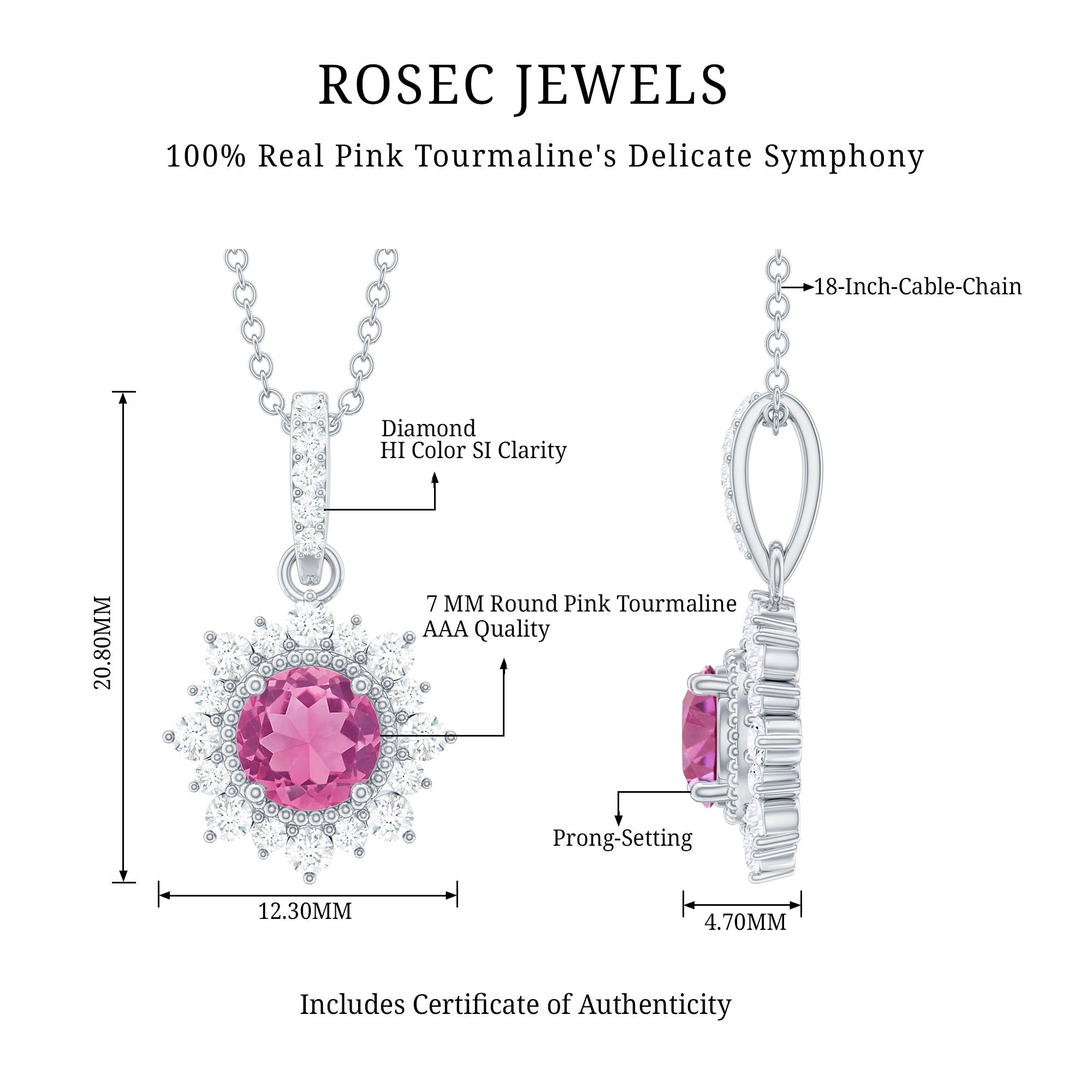 Natural 1.2 Carat Round Pink Tourmaline and Diamond Halo Pendant AAA - Rosec Jewels