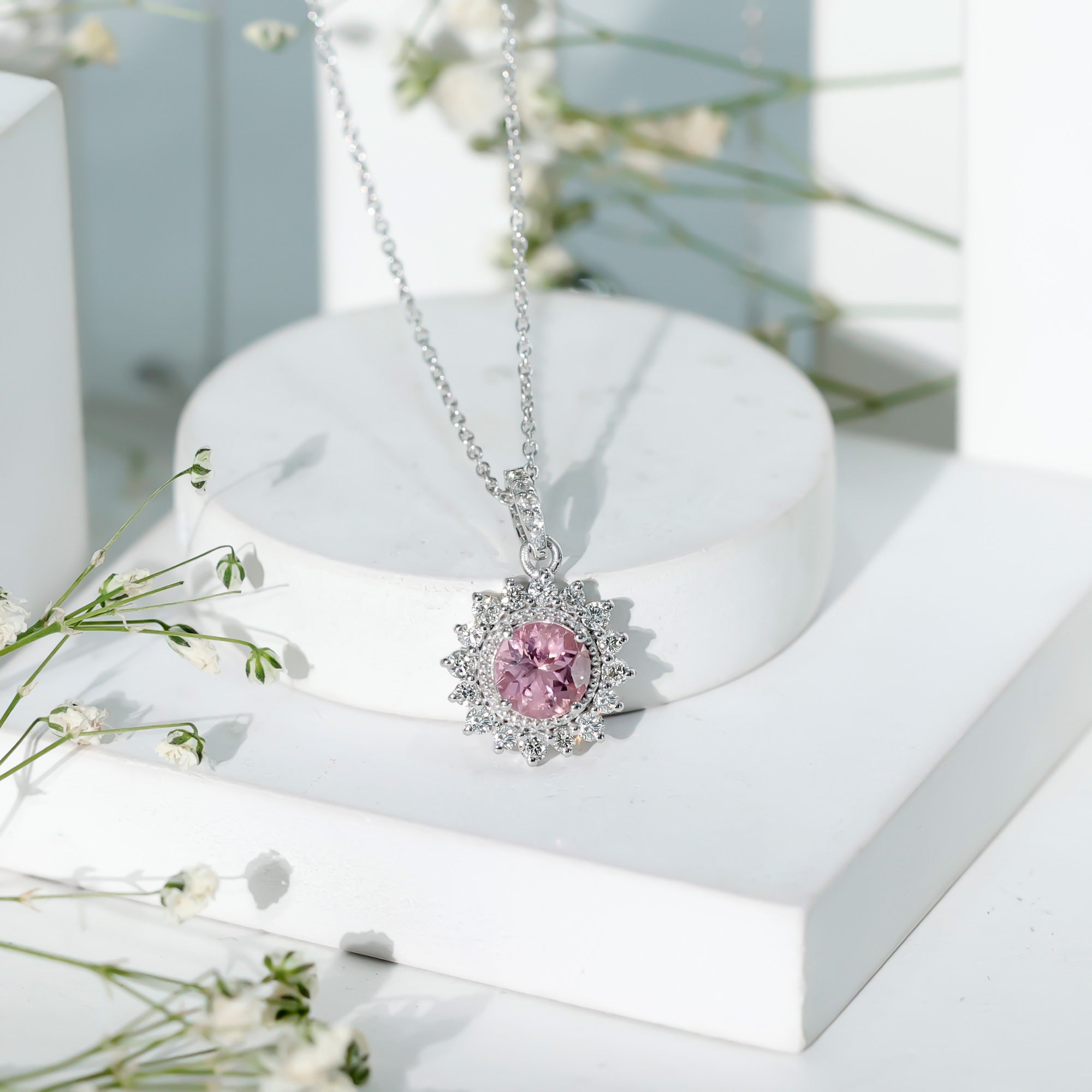 Natural 1.2 Carat Round Pink Tourmaline and Diamond Halo Pendant AAA - Rosec Jewels