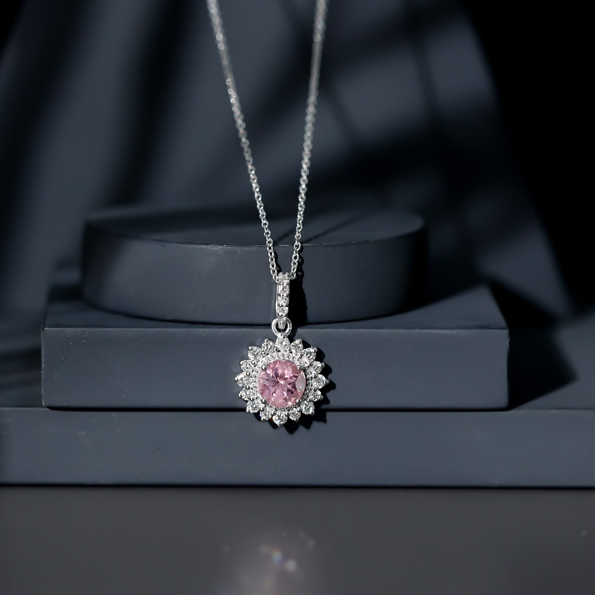 Natural 1.2 Carat Round Pink Tourmaline and Diamond Halo Pendant AAA - Rosec Jewels