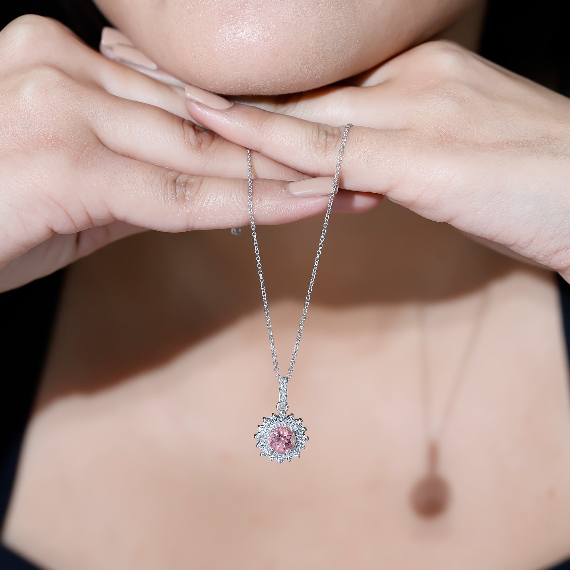 Natural 1.2 Carat Round Pink Tourmaline and Diamond Halo Pendant AAA - Rosec Jewels
