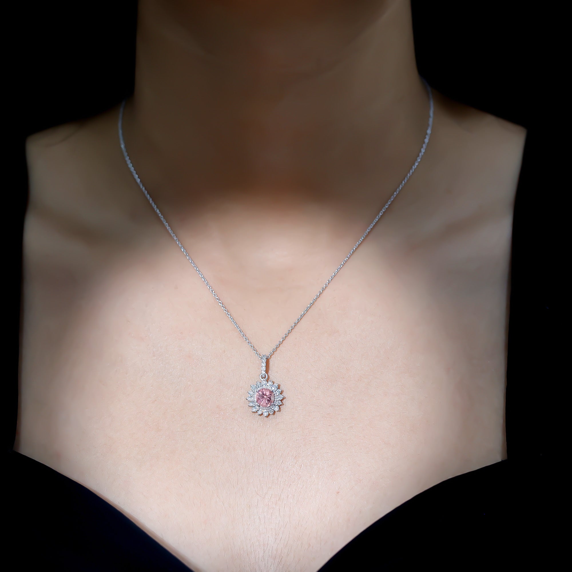 Natural 1.2 Carat Round Pink Tourmaline and Diamond Halo Pendant AAA - Rosec Jewels