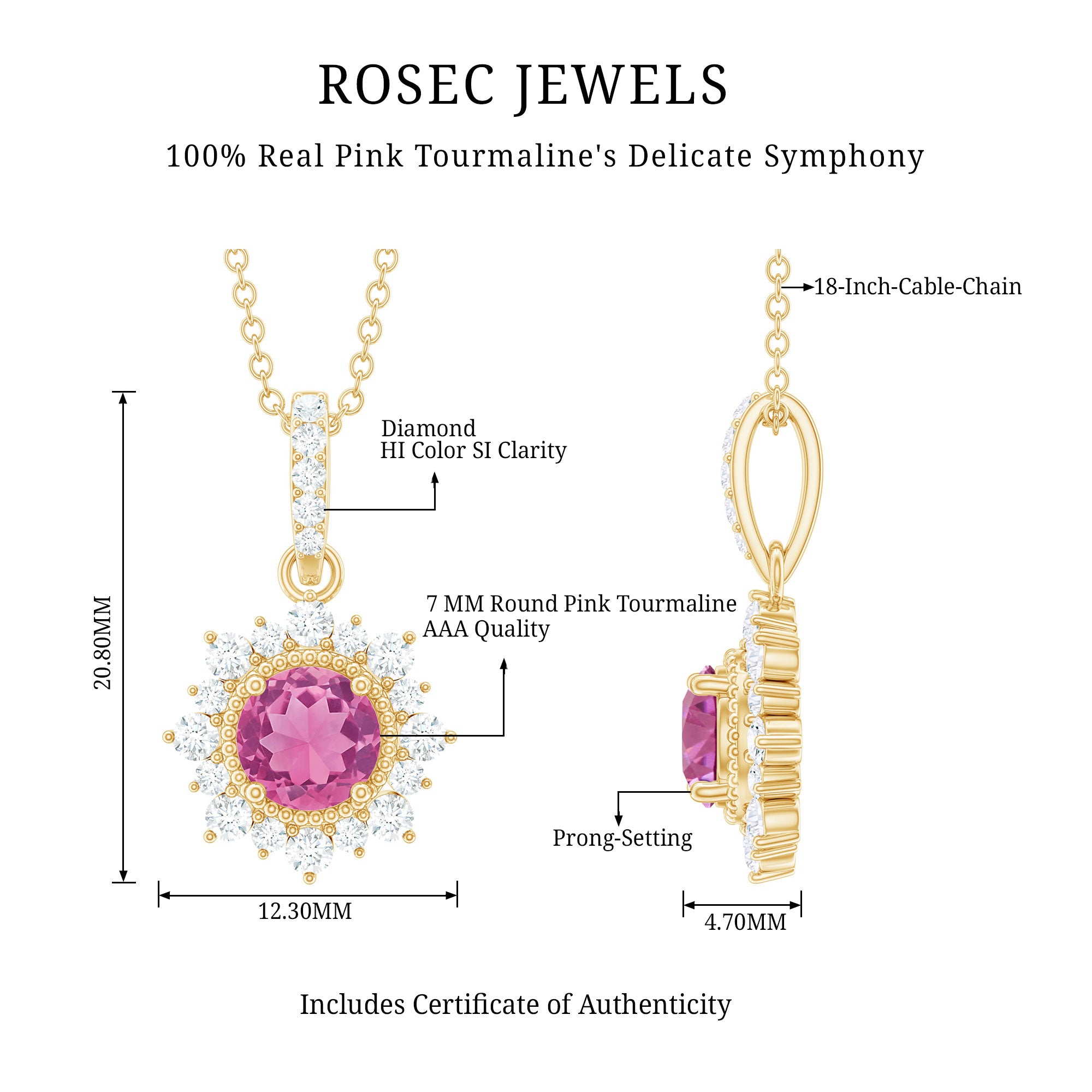 Natural 1.2 Carat Round Pink Tourmaline and Diamond Halo Pendant AAA - Rosec Jewels