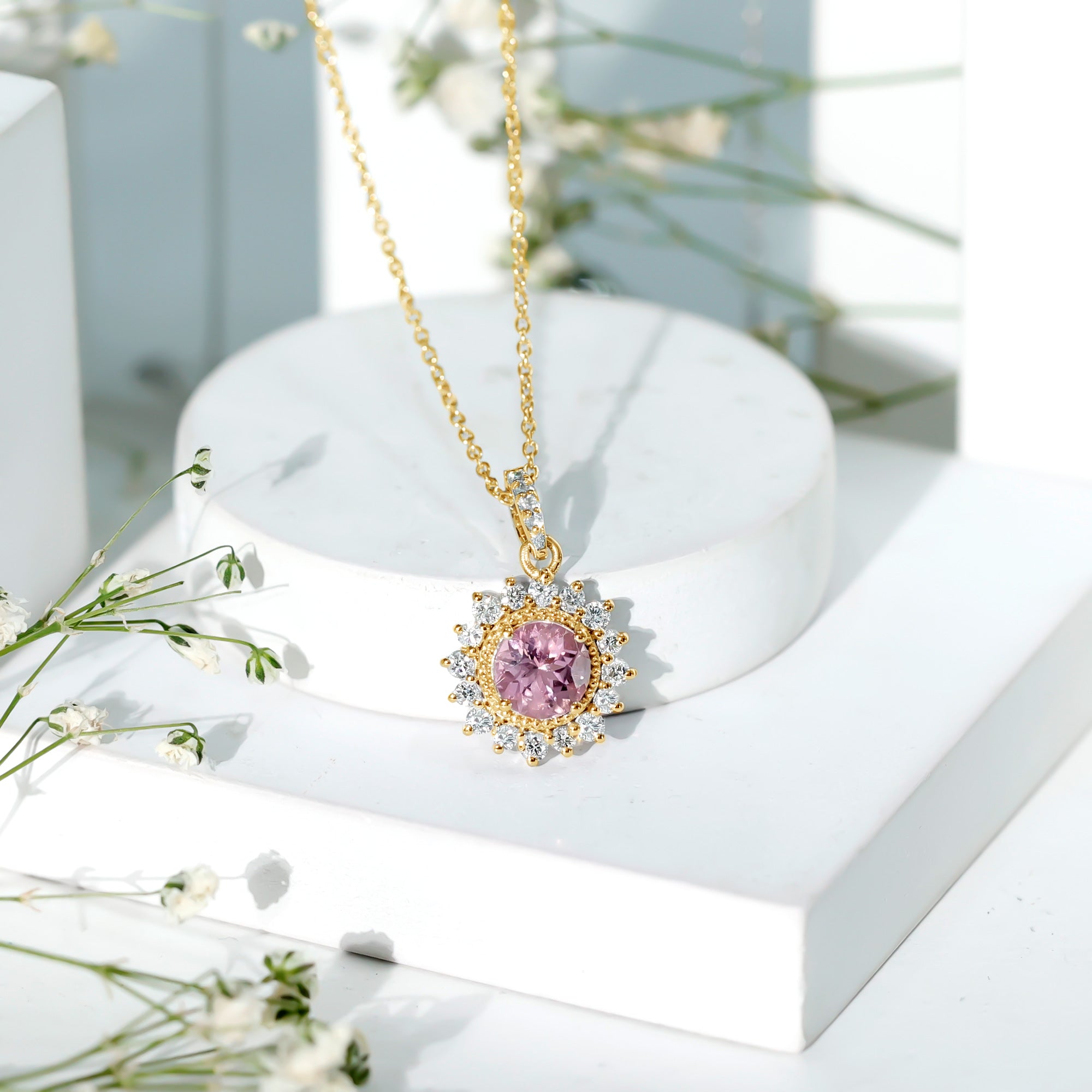Natural 1.2 Carat Round Pink Tourmaline and Diamond Halo Pendant AAA - Rosec Jewels