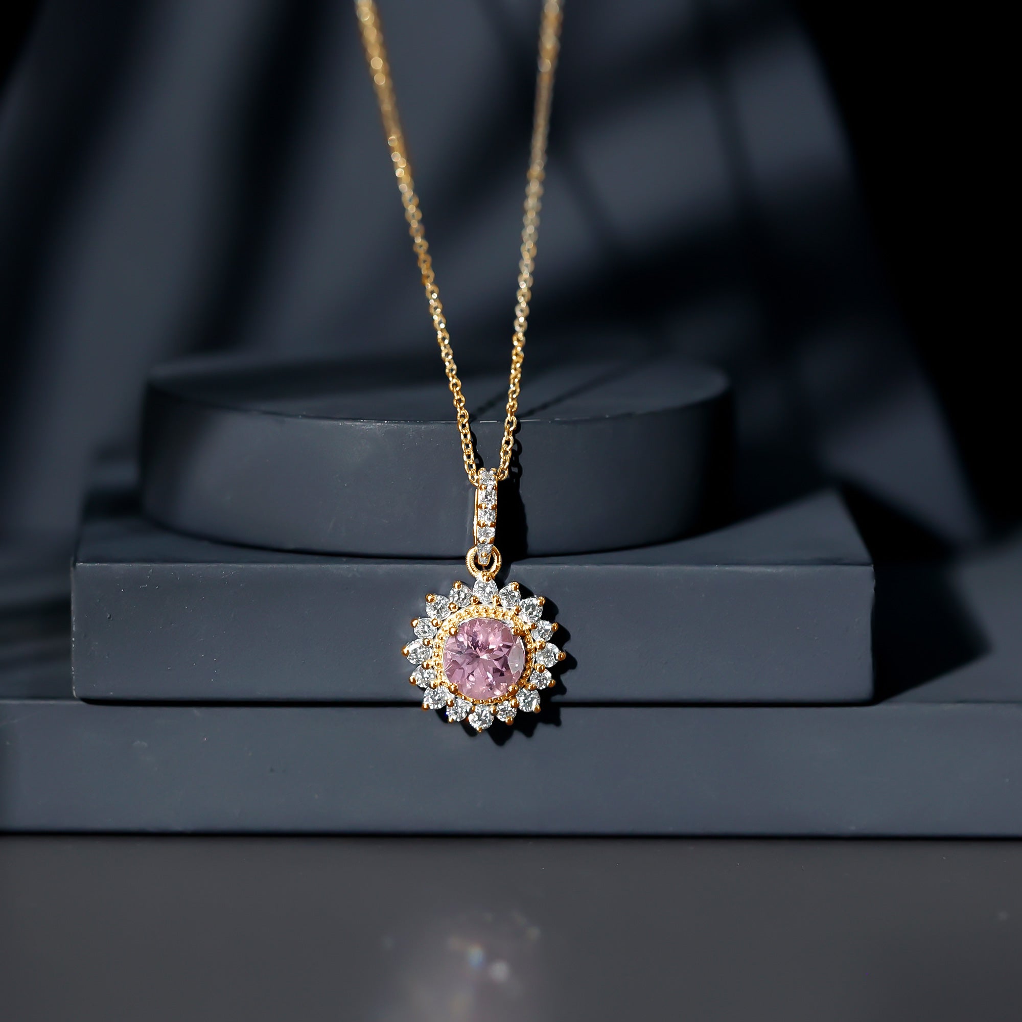 Natural 1.2 Carat Round Pink Tourmaline and Diamond Halo Pendant AAA - Rosec Jewels