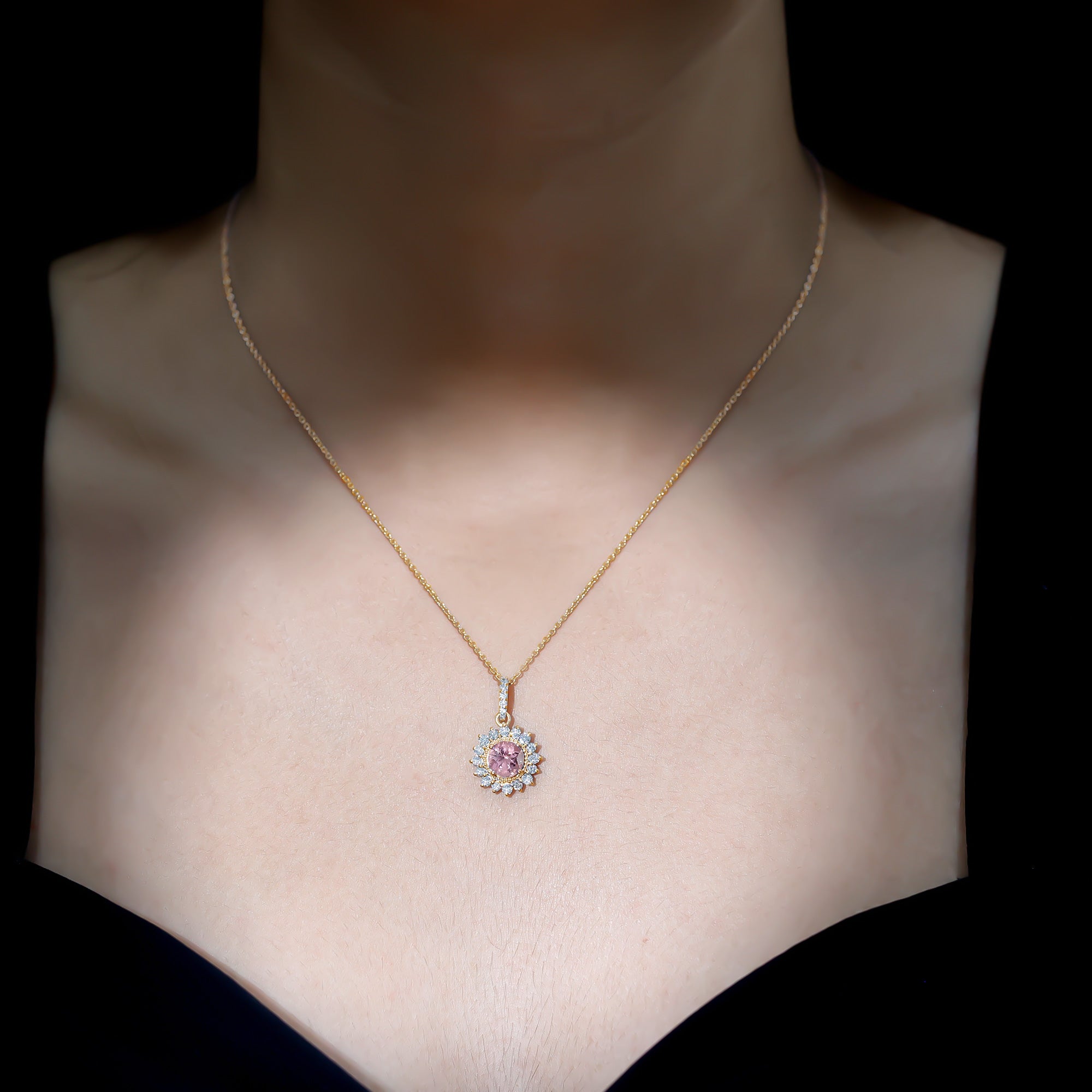 Natural 1.2 Carat Round Pink Tourmaline and Diamond Halo Pendant AAA - Rosec Jewels