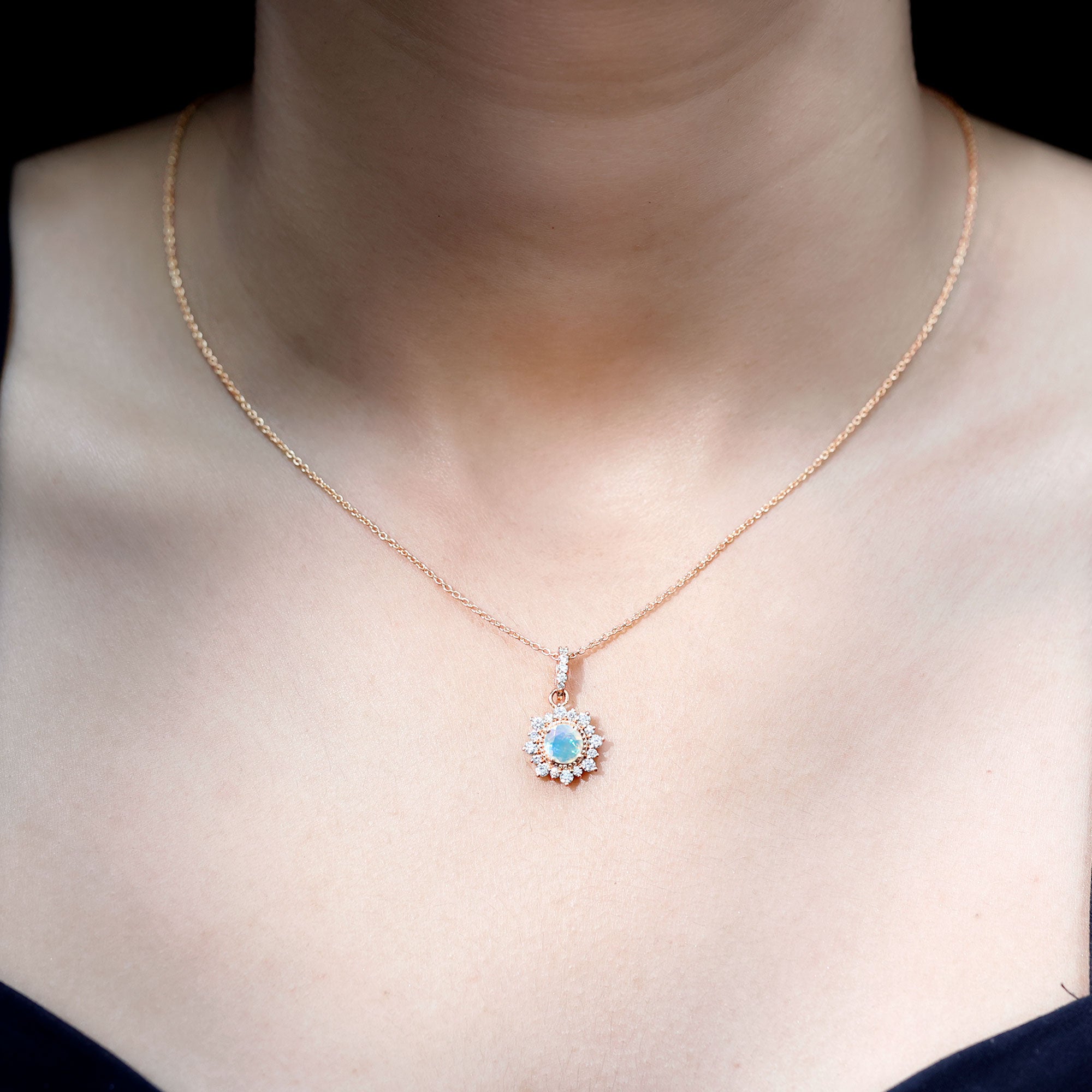Natural 0.8 Ethiopian Opal Flower Necklace with Diamond Halo AAA - Rosec Jewels