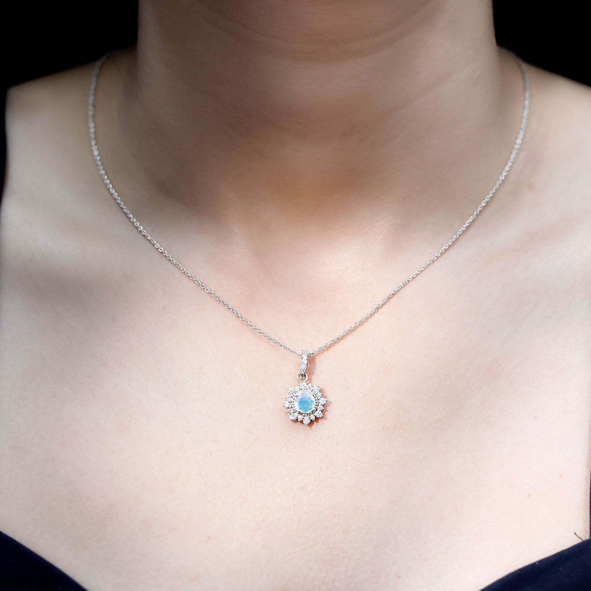 Natural 0.8 Ethiopian Opal Flower Necklace with Diamond Halo AAA - Rosec Jewels