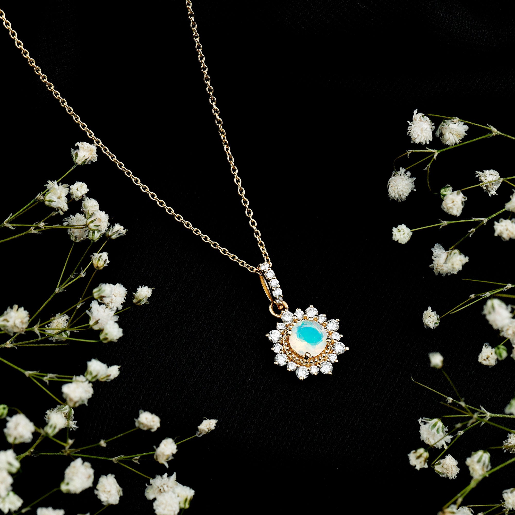 Natural 0.8 Ethiopian Opal Flower Necklace with Diamond Halo AAA - Rosec Jewels